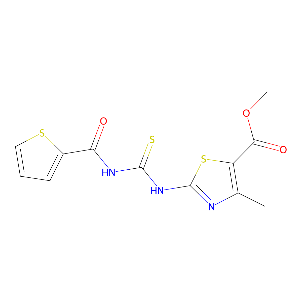 Methyl 4-methyl-2-(thiophene-2-carbonylcarbamothioylamino)-1,3-thiazole-5-carboxylate molecular structure, CAS 385390-12-5
