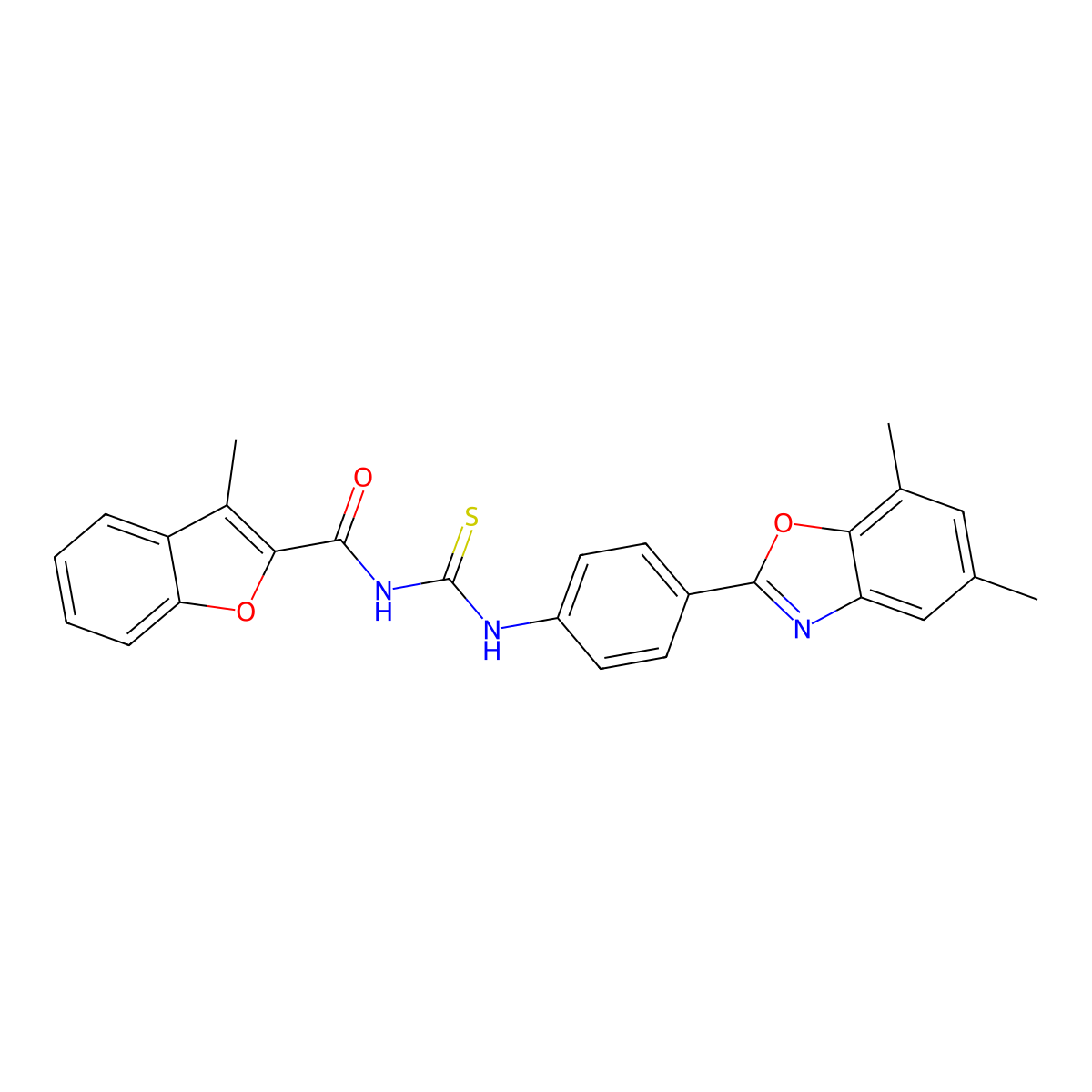 N-[[4-(5,7-dimethyl-1,3-benzoxazol-2-yl)phenyl]carbamothioyl]-3-methyl-1-benzofuran-2-carboxamide molecular structure, CAS 385390-70-5