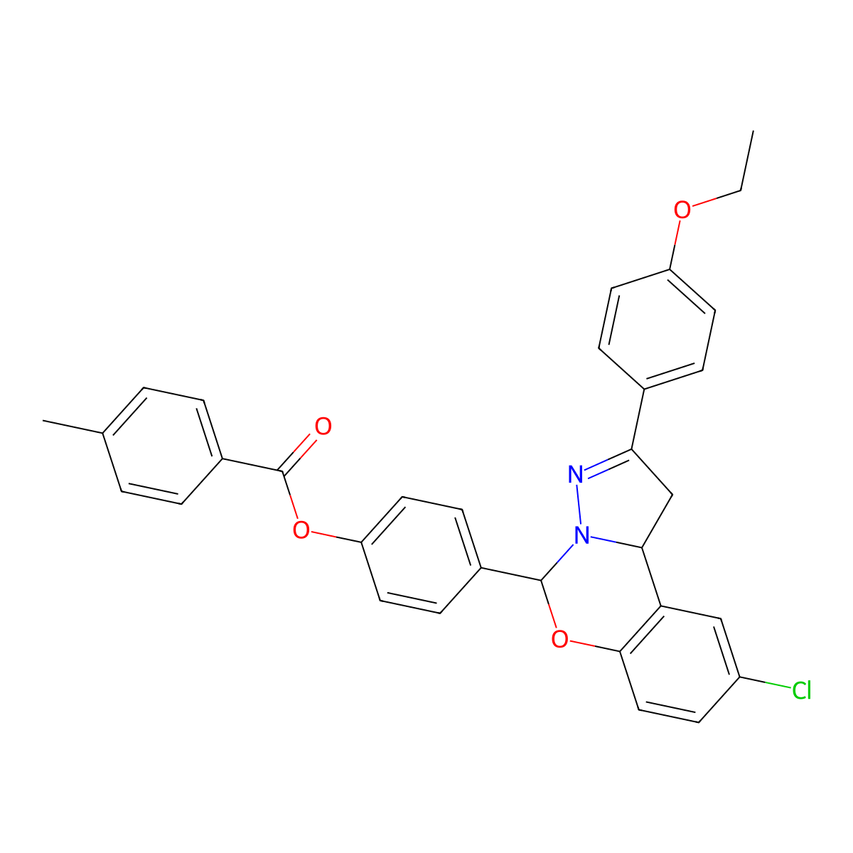 4-[9-Chloro-2-(4-ethoxyphenyl)-1,10b-dihydropyrazolo[1,5-c][1,3]benzoxazin-5-yl]phenyl 4-methylbenzoate molecular structure, CAS 385390-79-4