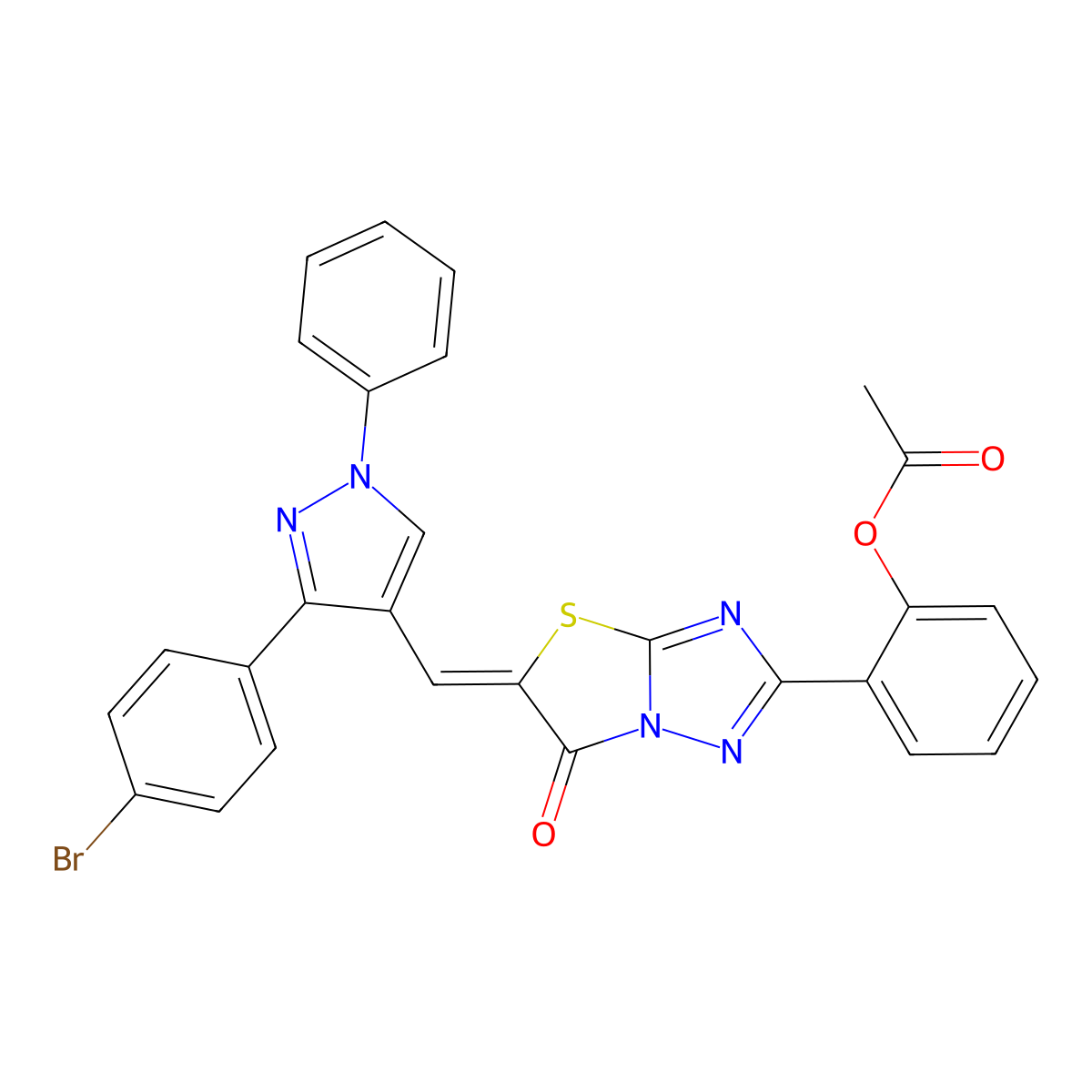 2-((5Z)-5-{[3-(4-bromophenyl)-1-phenyl-1H-pyrazol-4-yl]methylene}-6-oxo-5,6-dihydro[1,3]thiazolo[3,2-b][1,2,4]triazol-2-yl)phenyl acetate molecular structure, CAS 385391-13-9