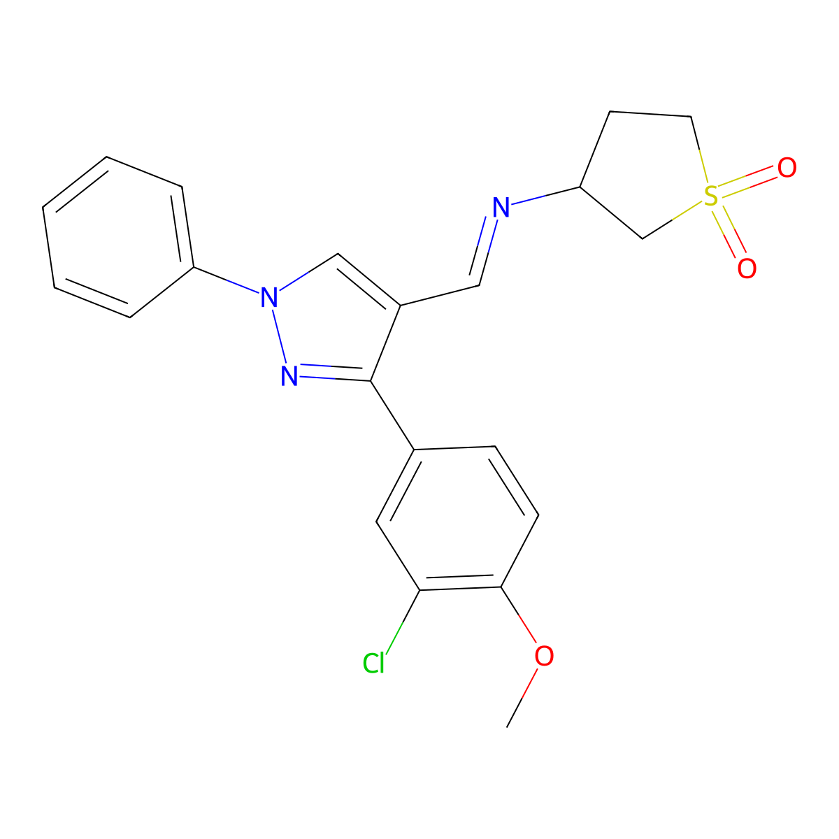 N-{(E)-[3-(3-chloro-4-methoxyphenyl)-1-phenyl-1H-pyrazol-4-yl]methylidene}tetrahydrothiophen-3-amine 1,1-dioxide molecular structure, CAS 385391-21-9