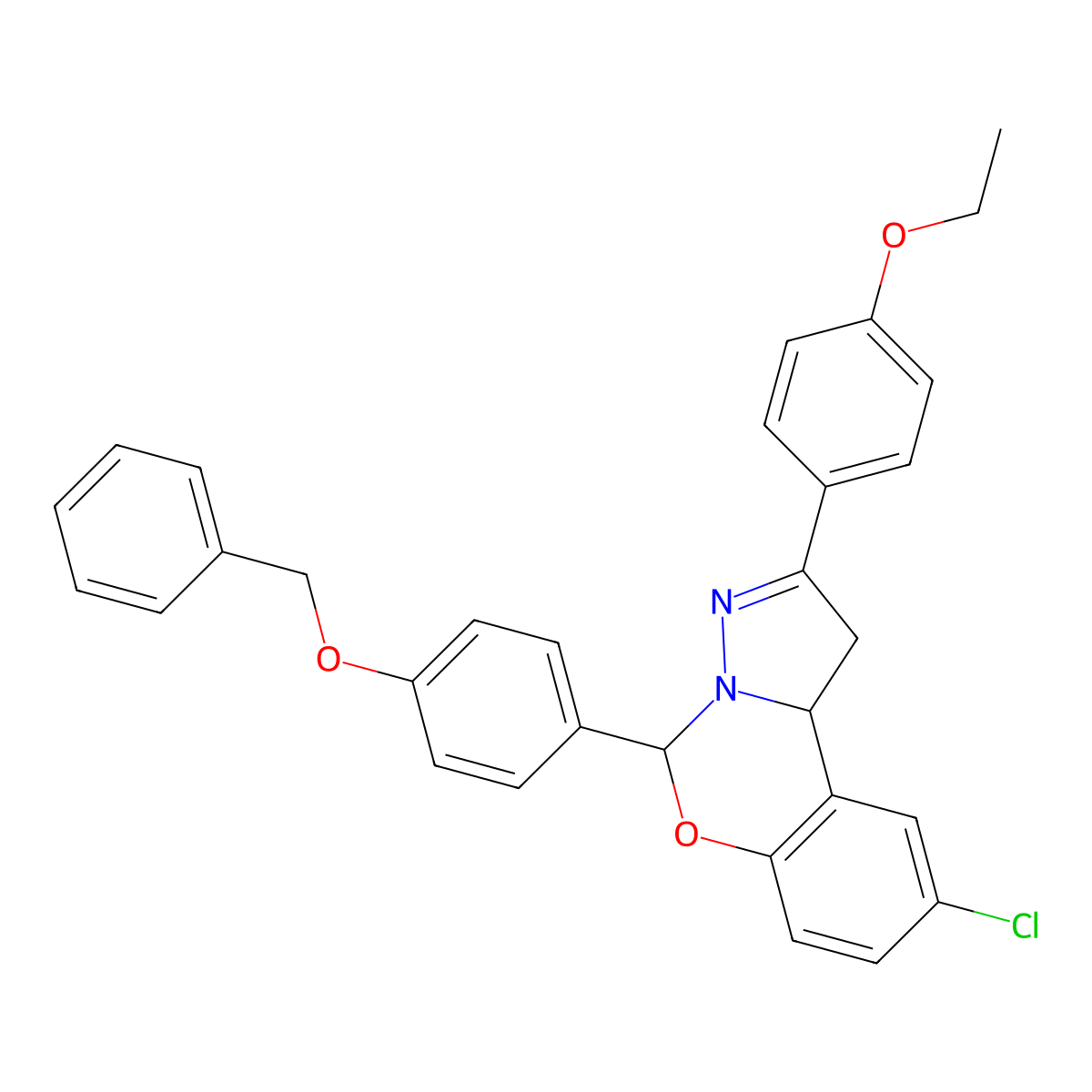 5-[4-(Benzyloxy)phenyl]-9-chloro-2-(4-ethoxyphenyl)-1,10b-dihydropyrazolo[1,5-c][1,3]benzoxazine molecular structure, CAS 385391-45-7