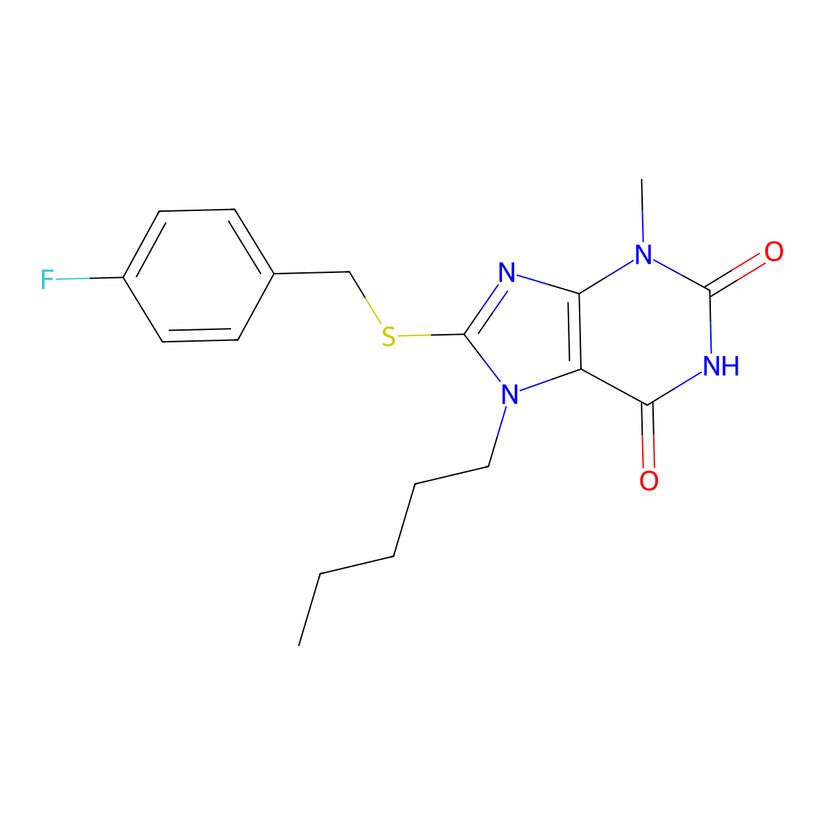 8-((4-fluorobenzyl)thio)-3-methyl-7-pentyl-1H-purine-2,6(3H,7H)-dione molecular structure, CAS 385391-64-0
