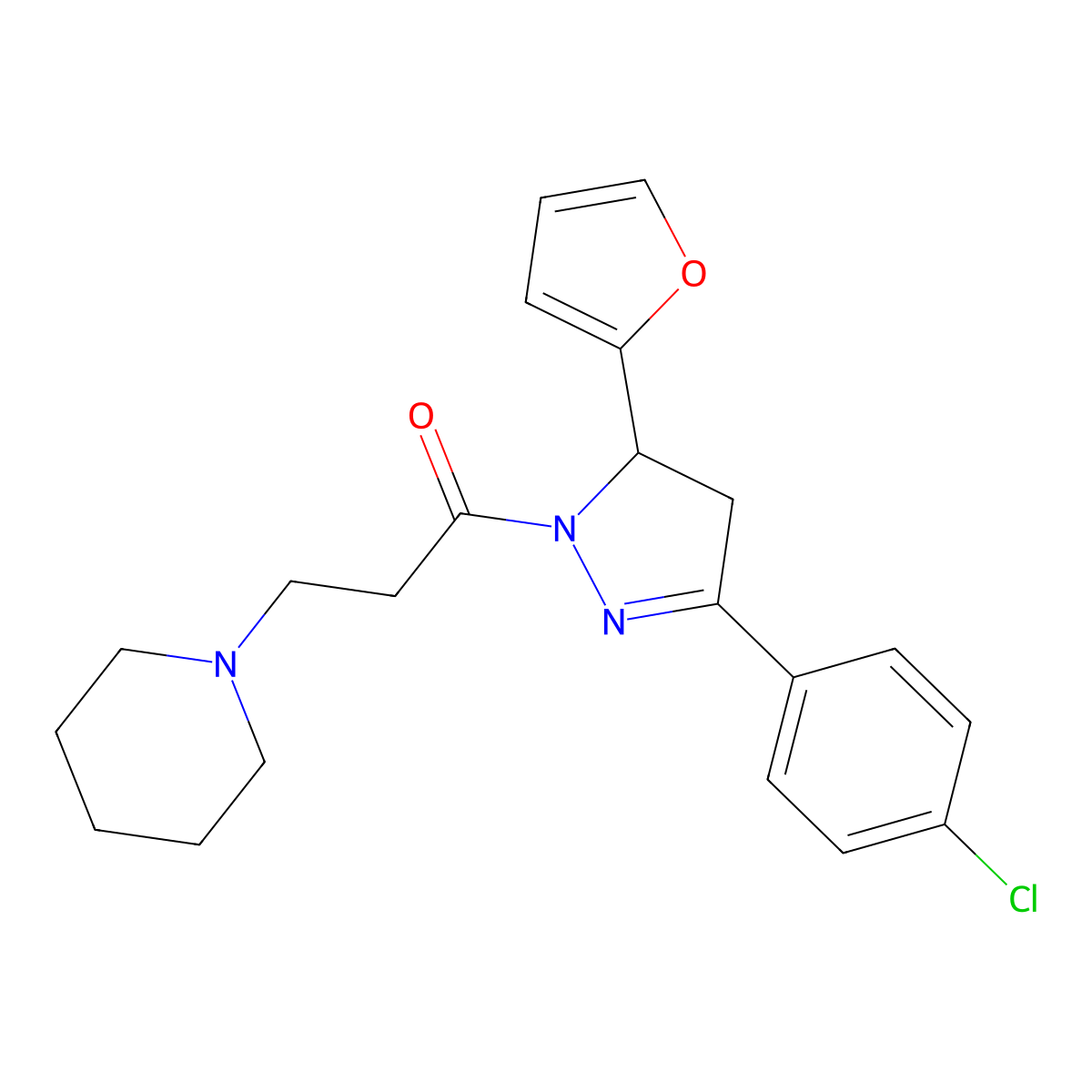 1-[5-(4-Chlorophenyl)-3-(furan-2-yl)-3,4-dihydropyrazol-2-yl]-3-piperidin-1-ylpropan-1-one molecular structure, CAS 385392-02-9