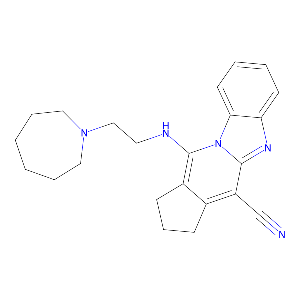 11-((2-(azepan-1-yl)ethyl)amino)-2,3-dihydro-1H-benzo[4,5]imidazo[1,2-a]cyclopenta[d]pyridine-4-carbonitrile molecular structure, CAS 385392-08-5