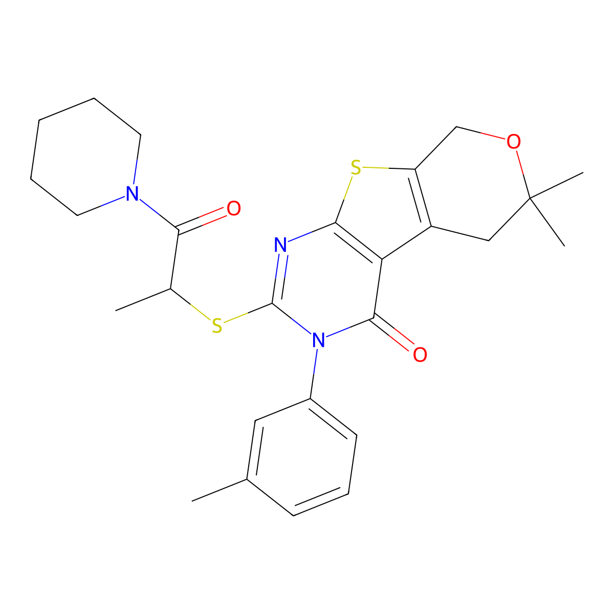 6,6-dimethyl-3-(3-methylphenyl)-2-{[1-oxo-1-(piperidin-1-yl)propan-2-yl]sulfanyl}-3,5,6,8-tetrahydro-4H-pyrano[4',3':4,5]thieno[2,3-d]pyrimidin-4-one molecular structure, CAS 385392-29-0