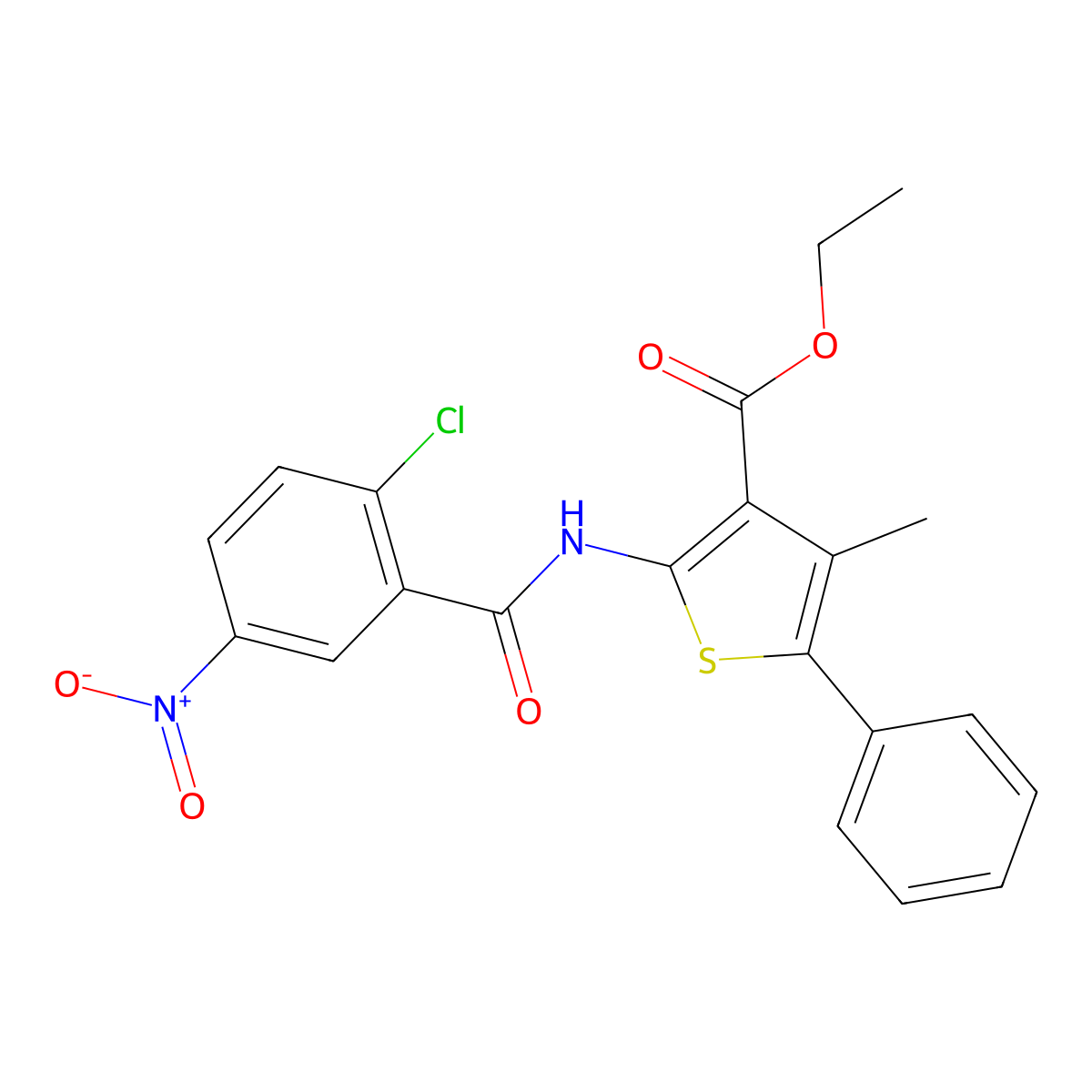 Ethyl 2-[(2-chloro-5-nitrobenzoyl)amino]-4-methyl-5-phenylthiophene-3-carboxylate molecular structure, CAS 385392-33-6