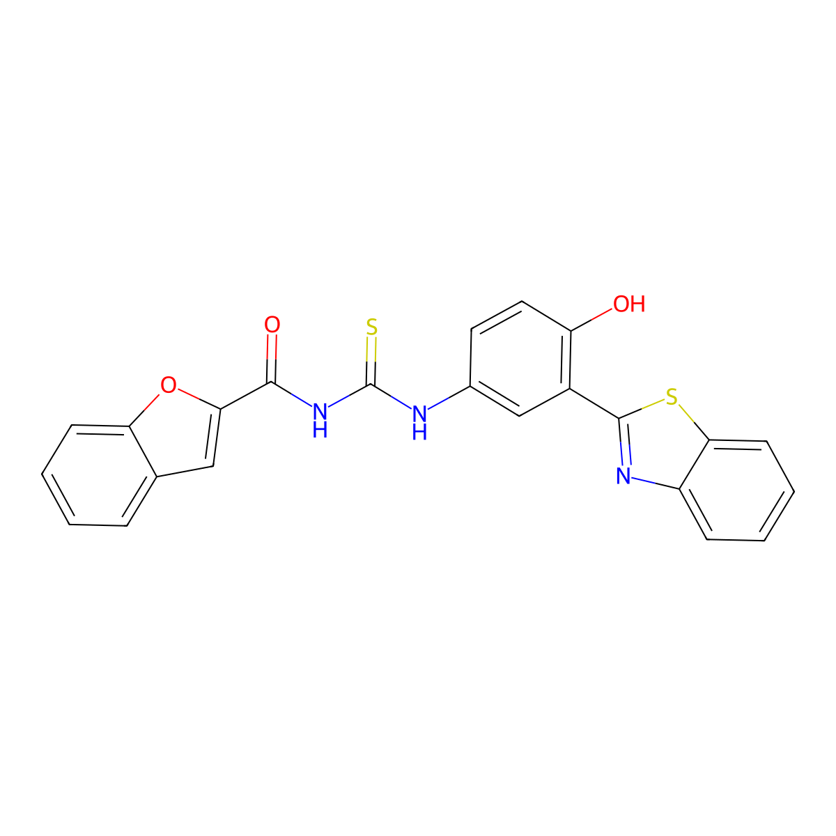 N-((3-(benzo[d]thiazol-2-yl)-4-hydroxyphenyl)carbamothioyl)benzofuran-2-carboxamide molecular structure, CAS 385392-41-6