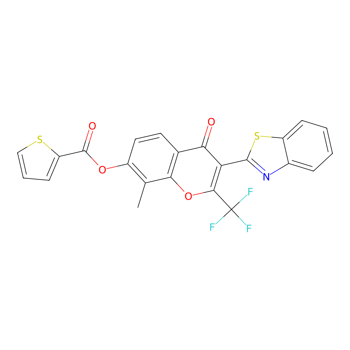 3-(benzo[d]thiazol-2-yl)-8-methyl-4-oxo-2-(trifluoromethyl)-4H-chromen-7-yl thiophene-2-carboxylate molecular structure, CAS 385392-43-8