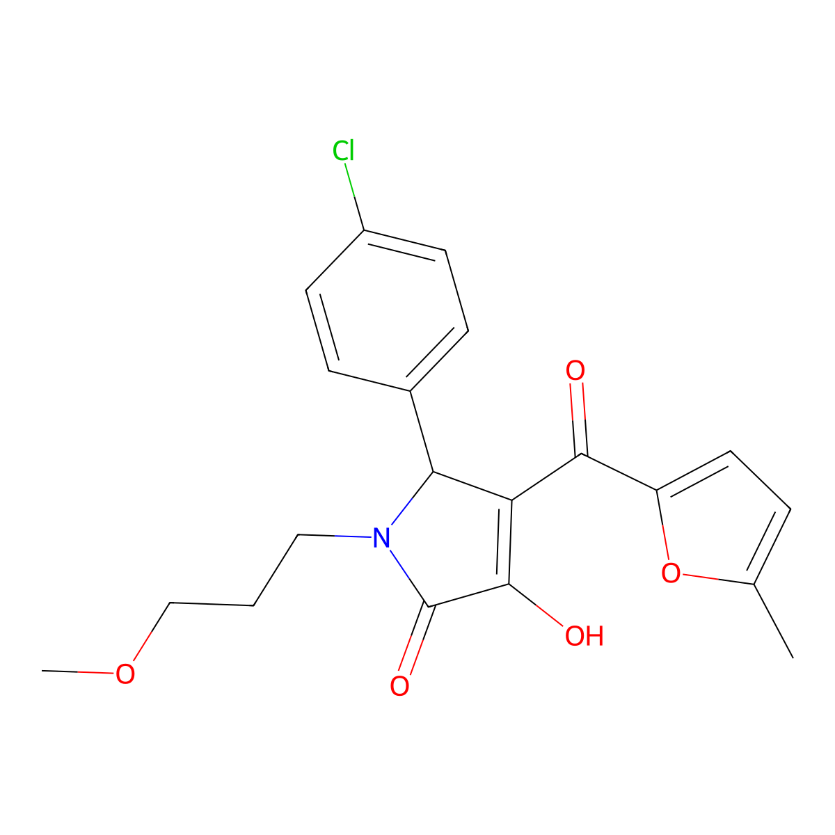 (4E)-5-(4-chlorophenyl)-4-[hydroxy(5-methylfuran-2-yl)methylidene]-1-(3-methoxypropyl)pyrrolidine-2,3-dione molecular structure, CAS 385392-55-2