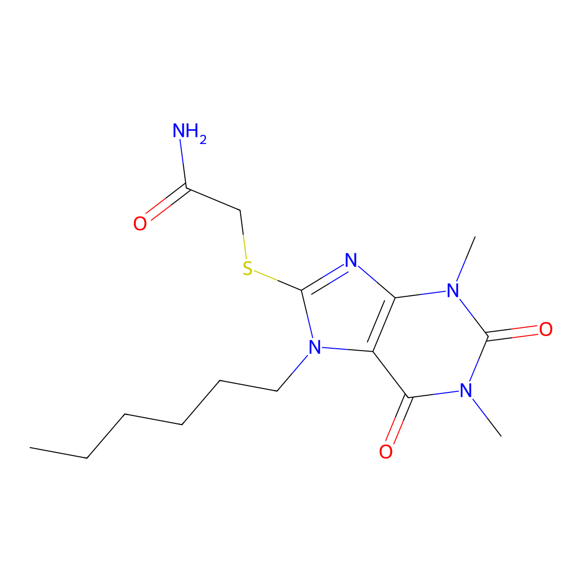 2-((7-hexyl-1,3-dimethyl-2,6-dioxo-2,3,6,7-tetrahydro-1H-purin-8-yl)thio)acetamide molecular structure, CAS 385392-57-4