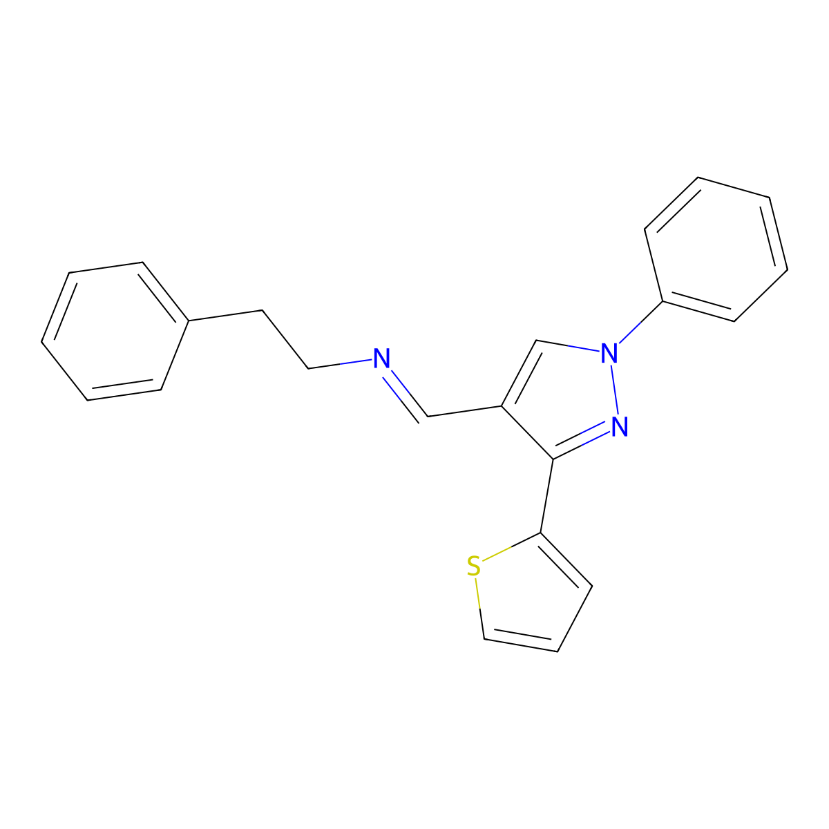 2-phenyl-N-{(E)-[1-phenyl-3-(thiophen-2-yl)-1H-pyrazol-4-yl]methylidene}ethanamine molecular structure, CAS 385392-68-7