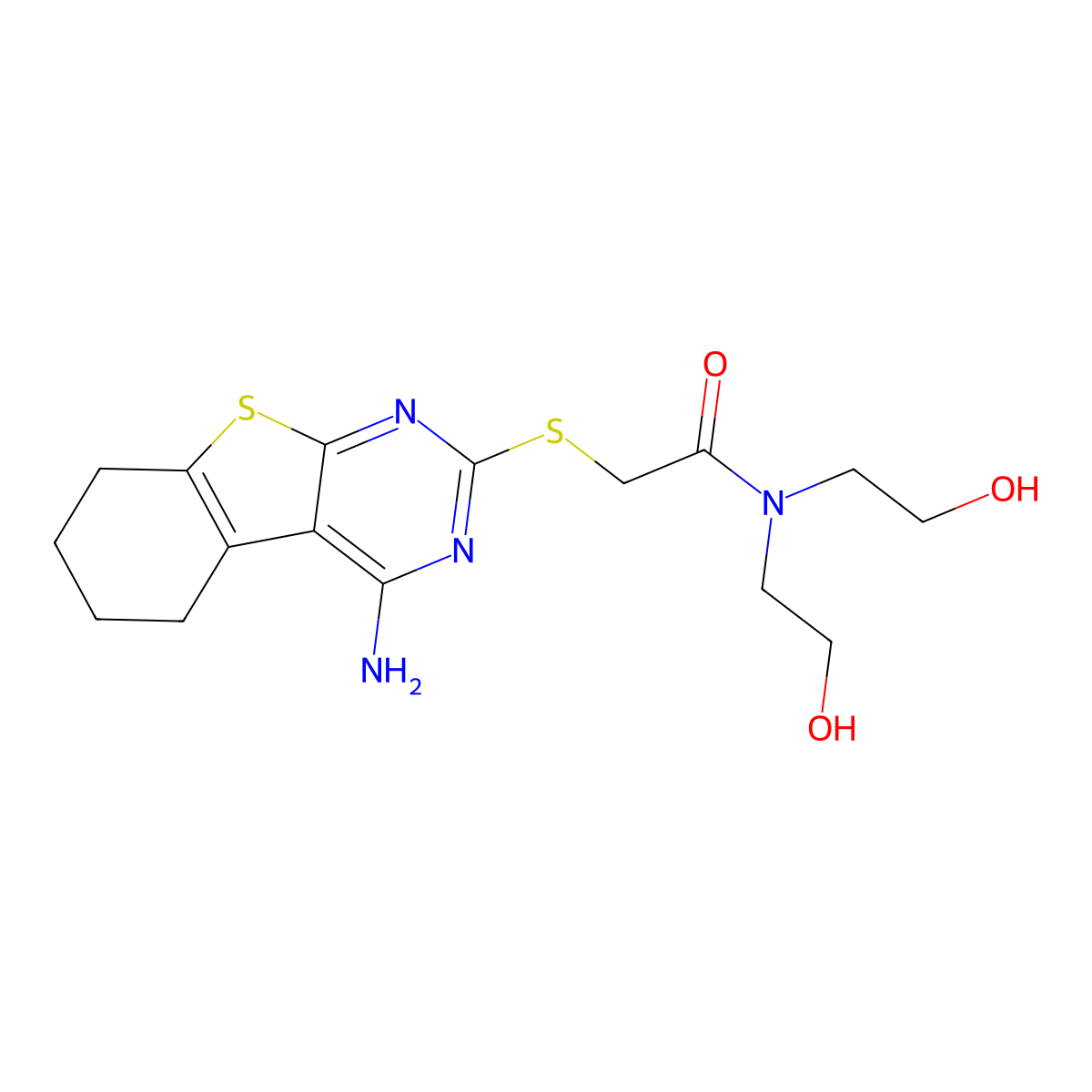 2-[(4-amino-5,6,7,8-tetrahydro[1]benzothieno[2,3-d]pyrimidin-2-yl)sulfanyl]-N,N-bis(2-hydroxyethyl)acetamide molecular structure, CAS 385392-71-2
