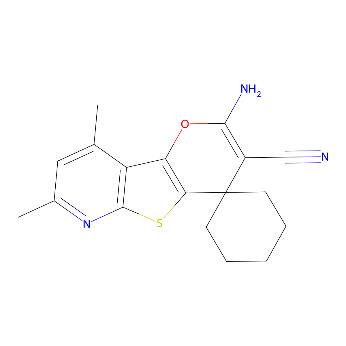 2-amino-3-cyano-7,9-dimethyl-4H-pyrano[2',3':4,5]thieno[2,3-b]pyridine-4-spiro-4'-cyclohexane molecular structure, CAS 385392-87-0