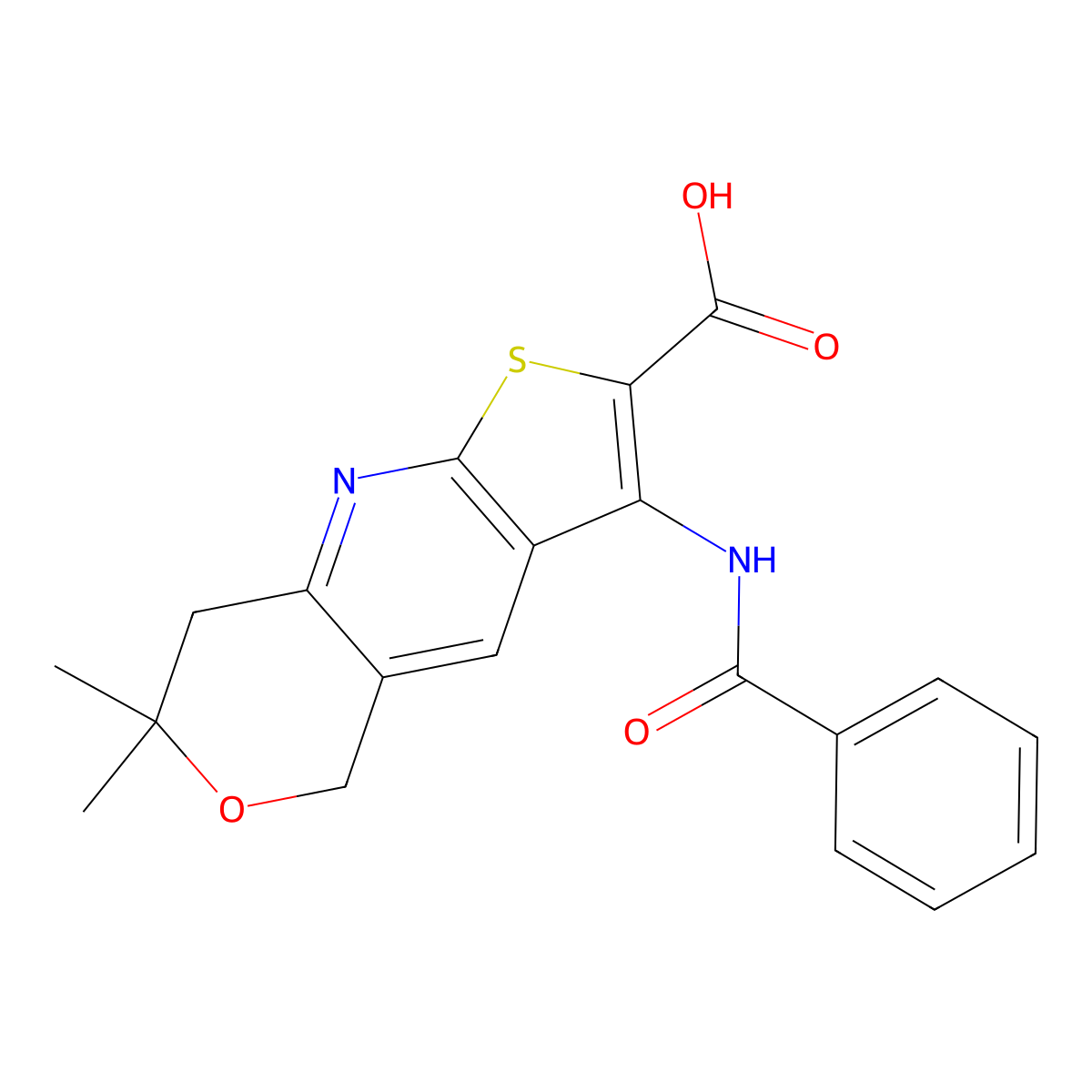 3-benzamido-7,7-dimethyl-7,8-dihydro-5H-pyrano[4,3-b]thieno[3,2-e]pyridine-2-carboxylic acid molecular structure, CAS 385392-94-9