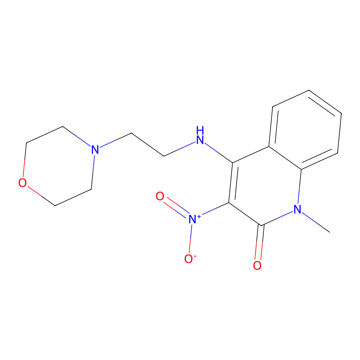 1-methyl-4-((2-morpholinoethyl)amino)-3-nitroquinolin-2(1H)-one molecular structure, CAS 385393-44-2