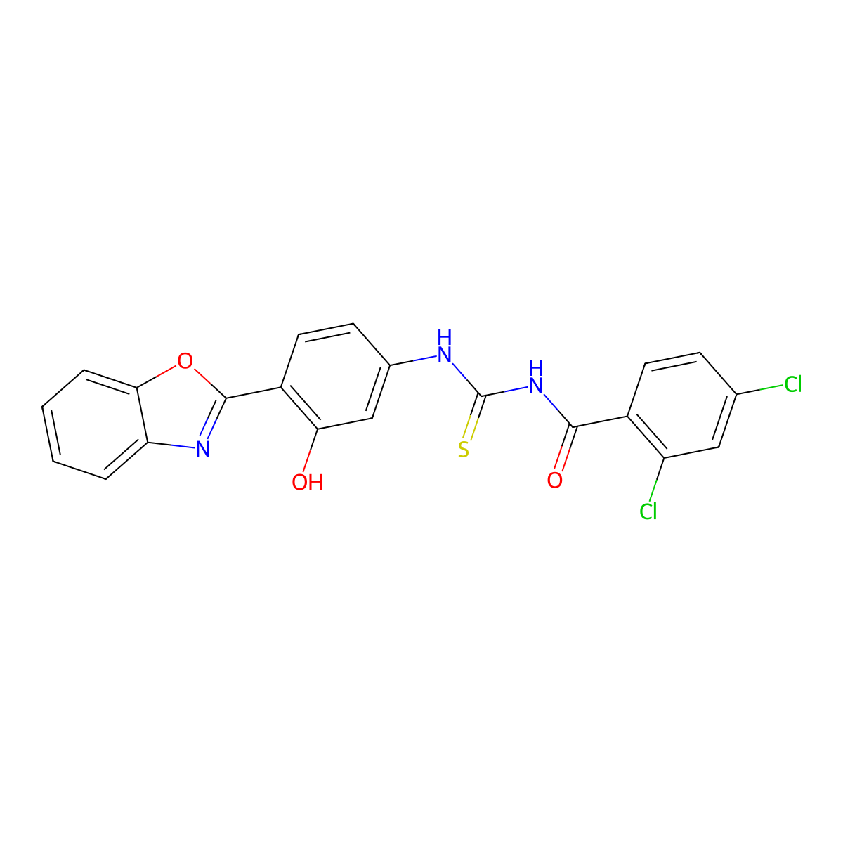 N-{[4-(1,3-benzoxazol-2-yl)-3-hydroxyphenyl]carbamothioyl}-2,4-dichlorobenzamide molecular structure, CAS 385393-56-6