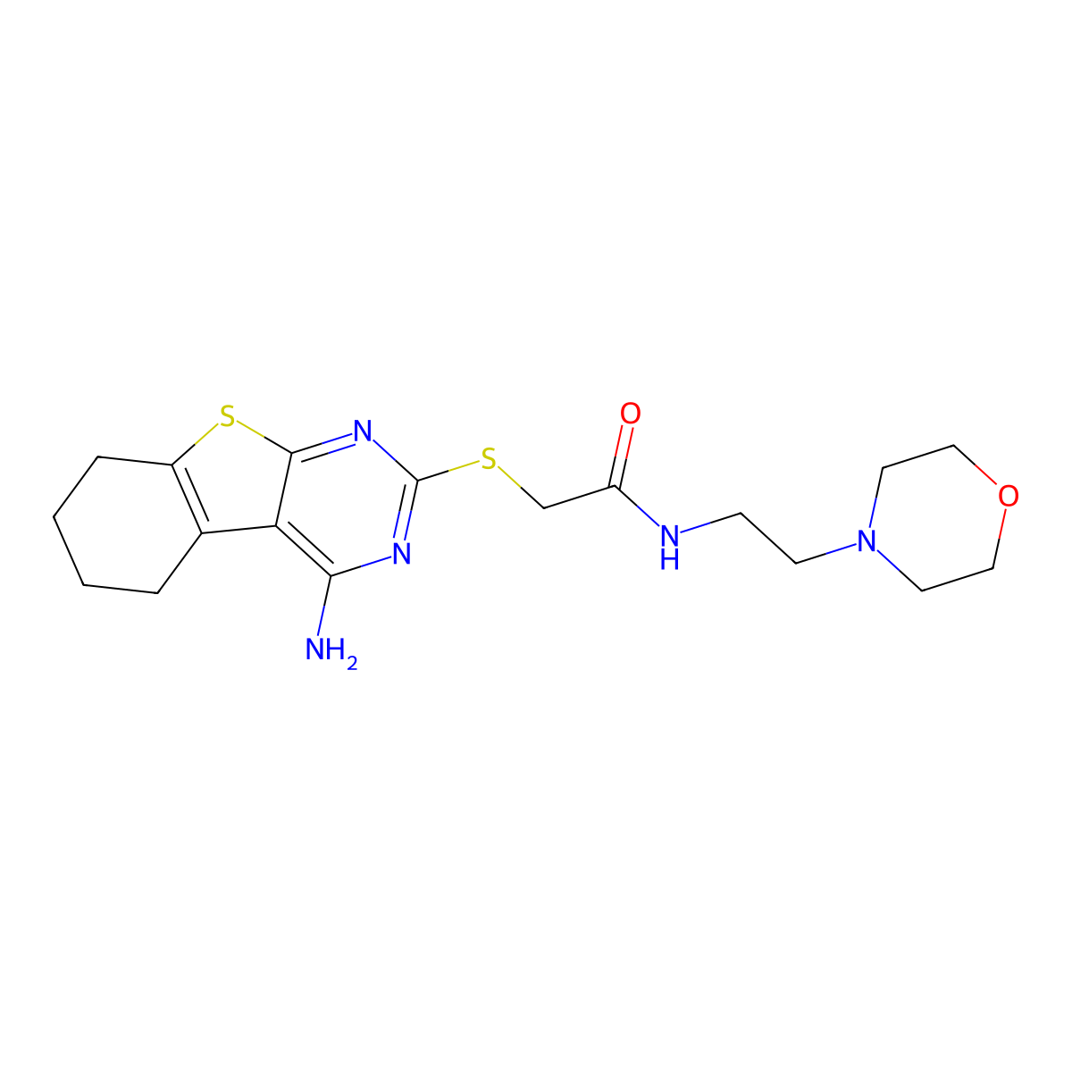 2-[(4-amino-5,6,7,8-tetrahydro[1]benzothieno[2,3-d]pyrimidin-2-yl)sulfanyl]-N-[2-(morpholin-4-yl)ethyl]acetamide molecular structure, CAS 385393-70-4