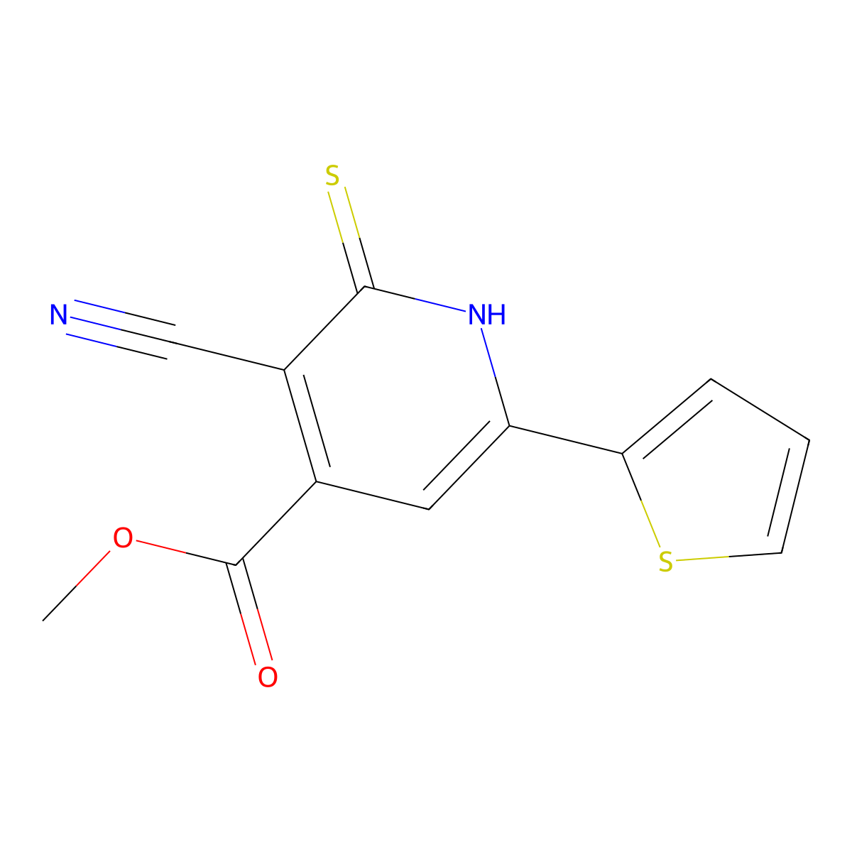 Methyl 3-cyano-6-(thiophen-2-yl)-2-thioxo-1,2-dihydropyridine-4-carboxylate molecular structure, CAS 385393-71-5
