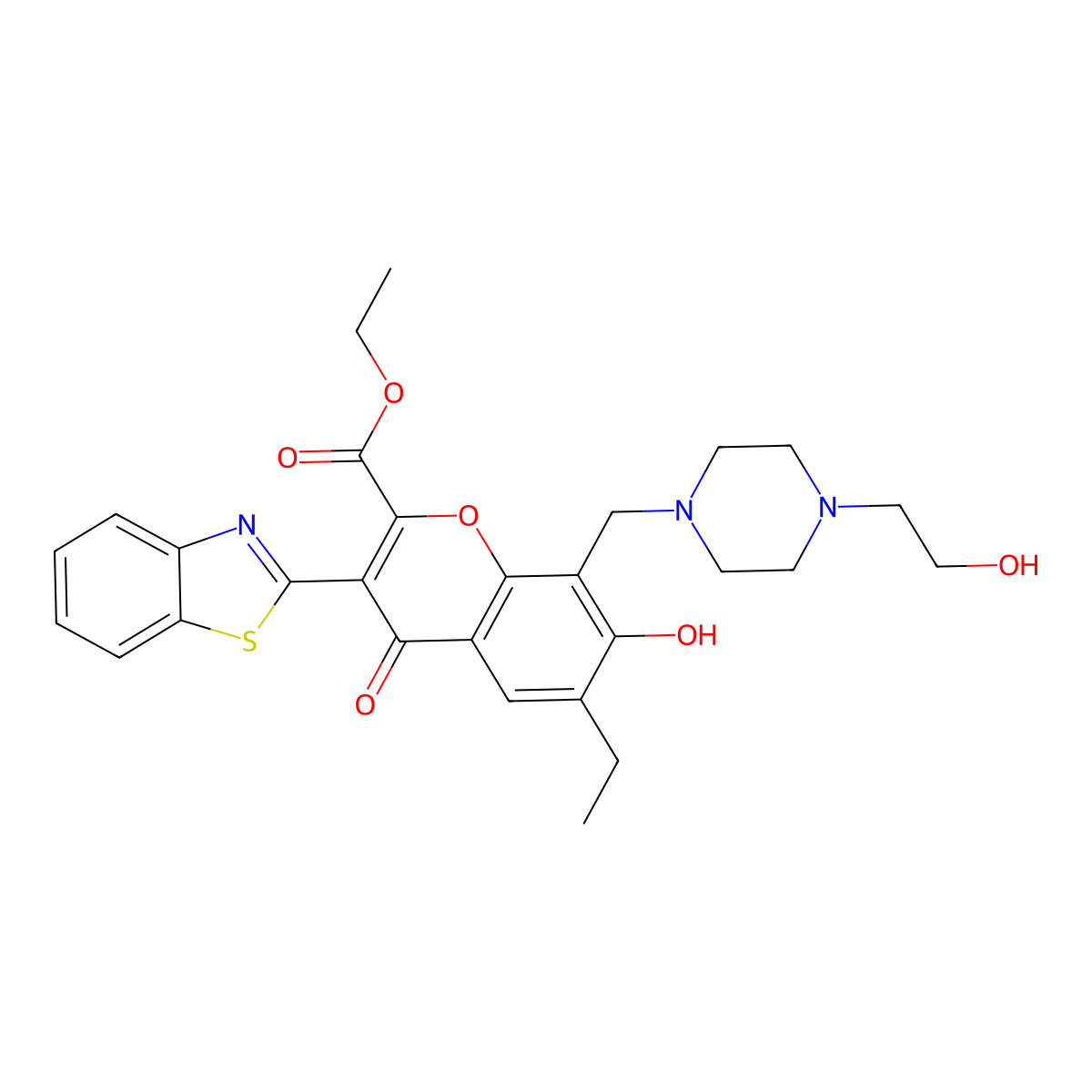 ethyl 3-(1,3-benzothiazol-2-yl)-6-ethyl-7-hydroxy-8-{[4-(2-hydroxyethyl)-1-piperazinyl]methyl}-4-oxo-4H-chromene-2-carboxylate molecular structure, CAS 385393-79-3