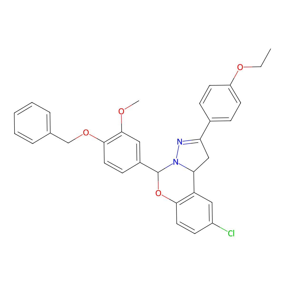 5-[4-(Benzyloxy)-3-methoxyphenyl]-9-chloro-2-(4-ethoxyphenyl)-1,10b-dihydropyrazolo[1,5-c][1,3]benzoxazine molecular structure, CAS 385394-09-2