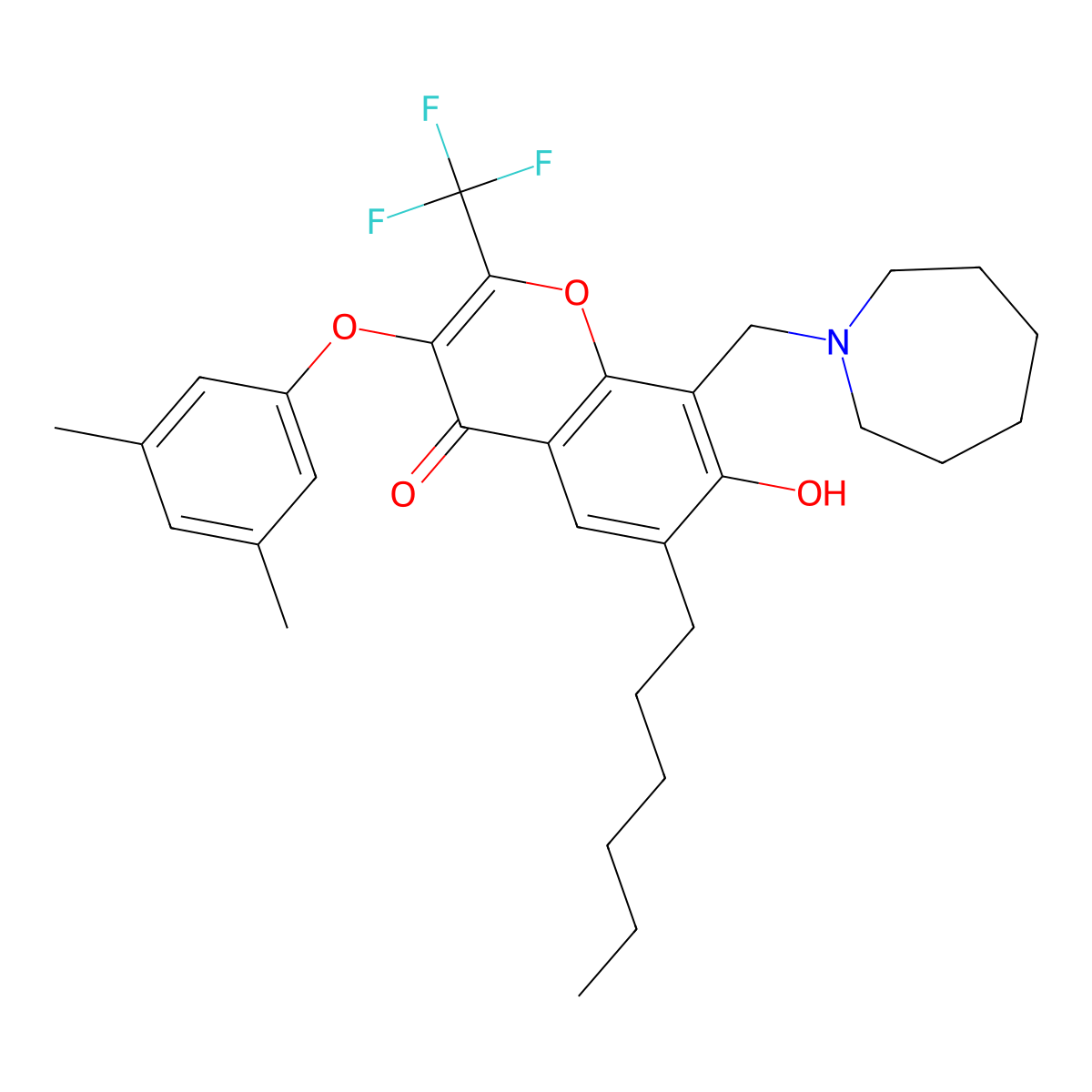8-(1-azepanylmethyl)-3-(3,5-dimethylphenoxy)-6-hexyl-7-hydroxy-2-(trifluoromethyl)-4H-chromen-4-one molecular structure, CAS 385394-10-5