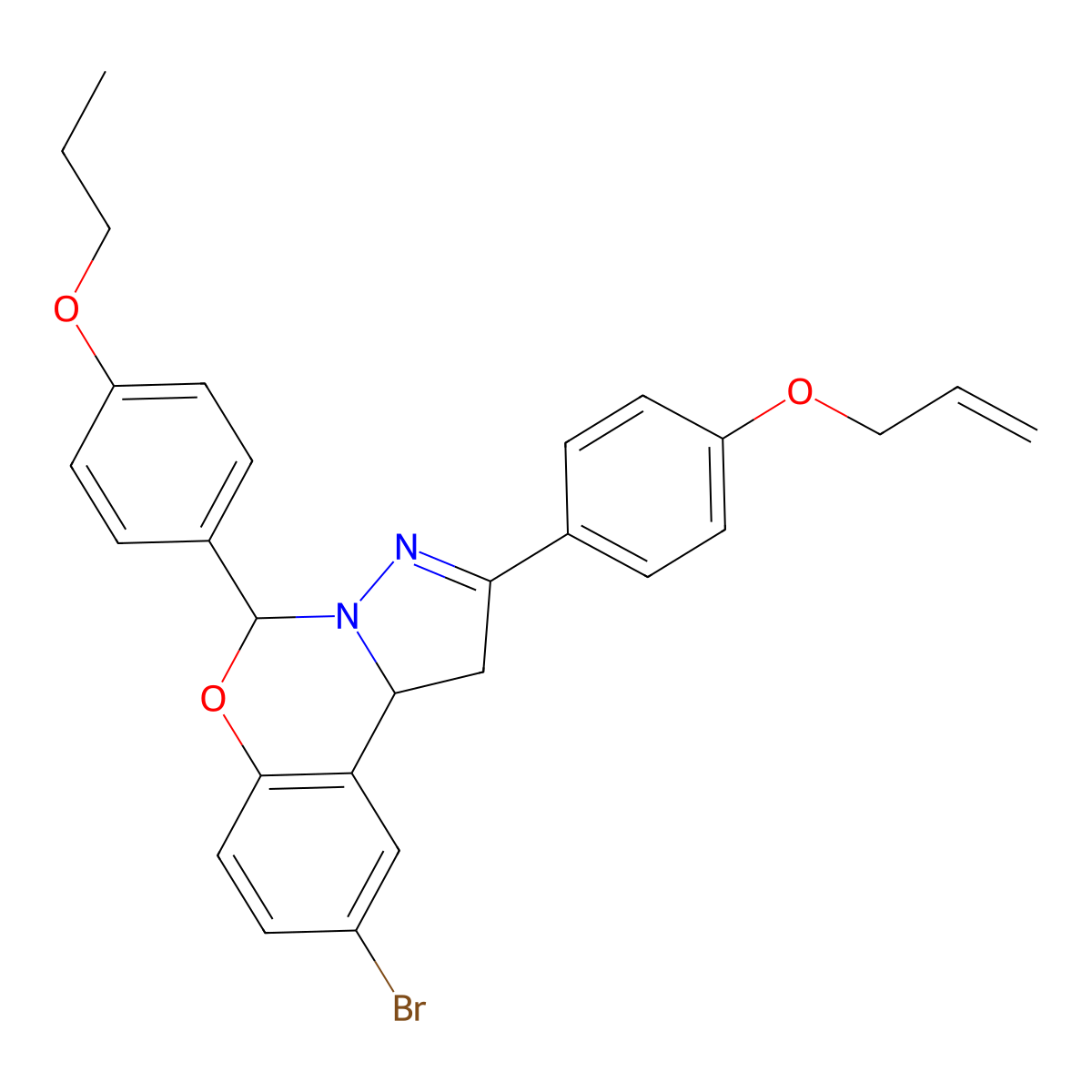 9-Bromo-2-[4-(prop-2-en-1-yloxy)phenyl]-5-(4-propoxyphenyl)-1,10b-dihydropyrazolo[1,5-c][1,3]benzoxazine molecular structure, CAS 385394-56-9