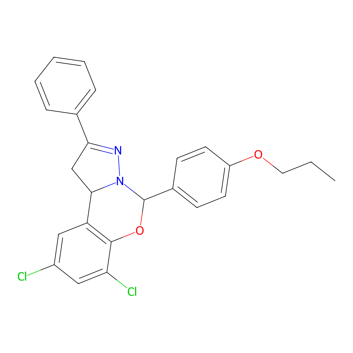 7,9-Dichloro-2-phenyl-5-(4-propoxyphenyl)-1,10b-dihydropyrazolo[1,5-c][1,3]benzoxazine molecular structure, CAS 385394-70-7
