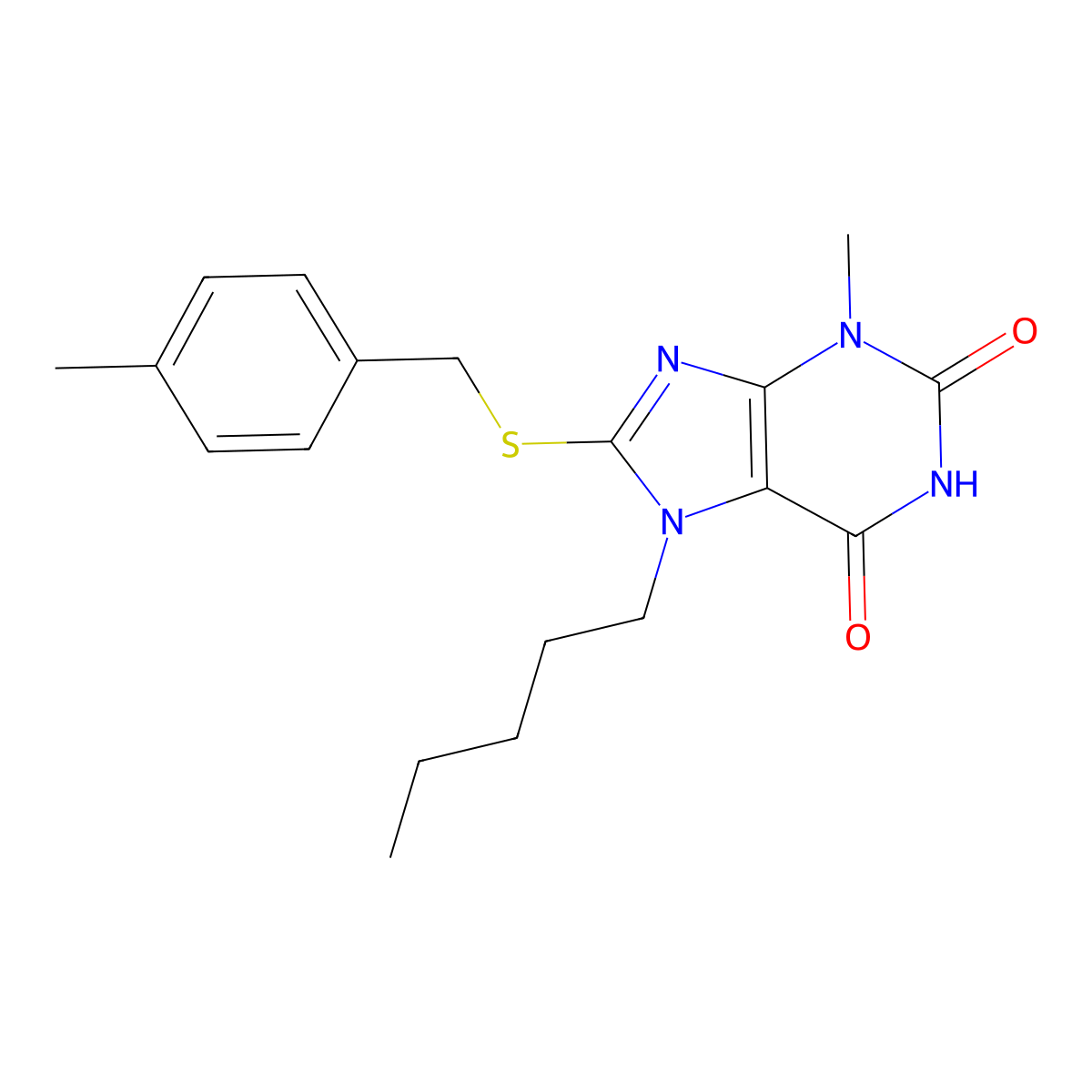 3-methyl-8-((4-methylbenzyl)thio)-7-pentyl-1H-purine-2,6(3H,7H)-dione molecular structure, CAS 385394-95-6