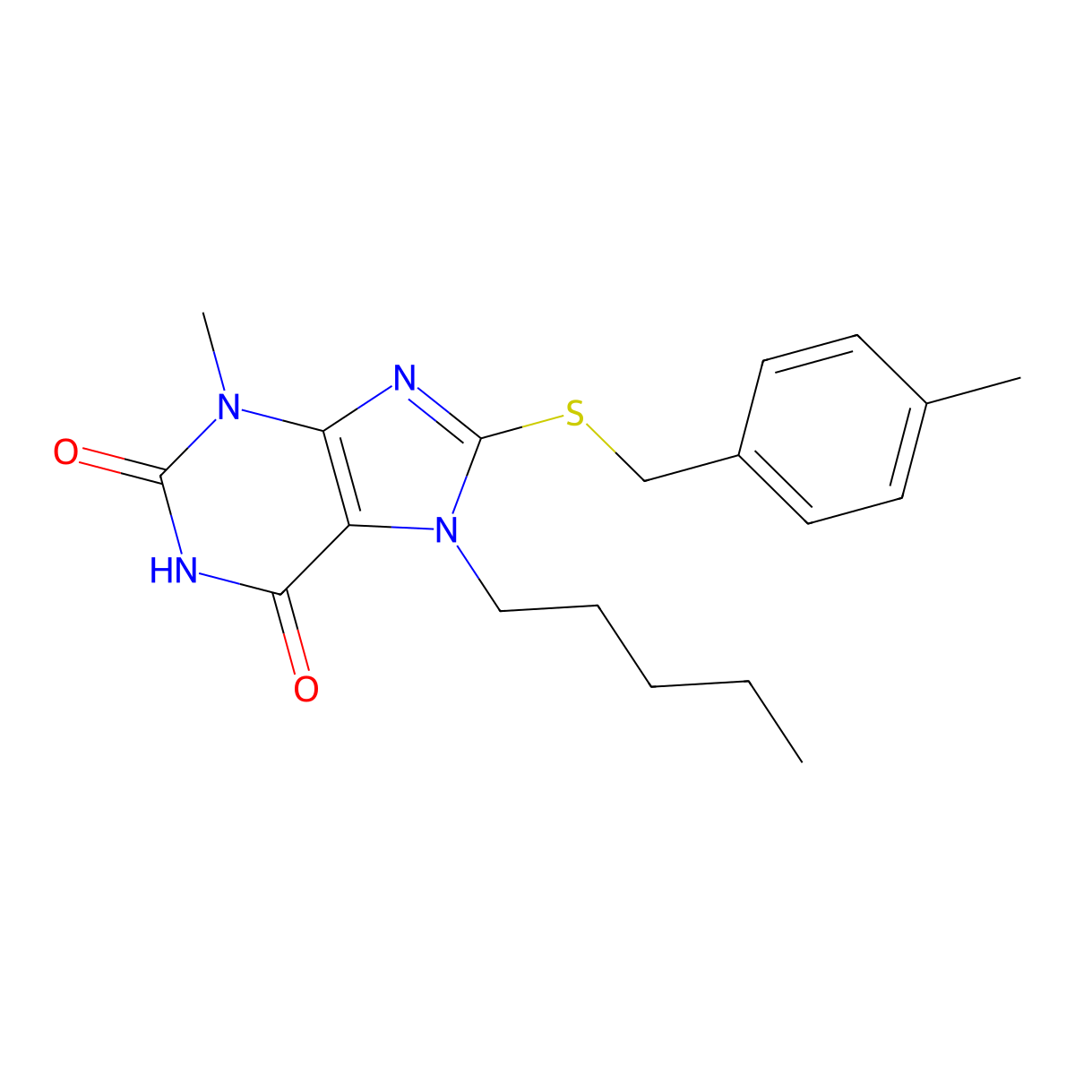 3-methyl-8-((4-methylbenzyl)thio)-7-pentyl-1H-purine-2,6(3H,7H)-dione molecular structure, CAS 385394-95-6