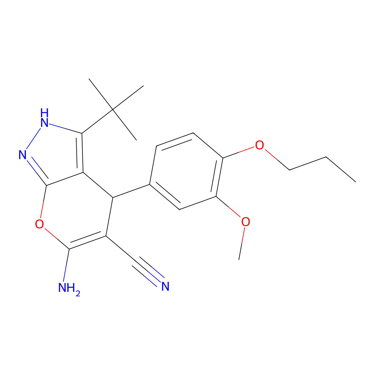 6-Amino-3-tert-butyl-4-(3-methoxy-4-propoxyphenyl)-2,4-dihydropyrano[2,3-c]pyrazole-5-carbonitrile molecular structure, CAS 385394-98-9