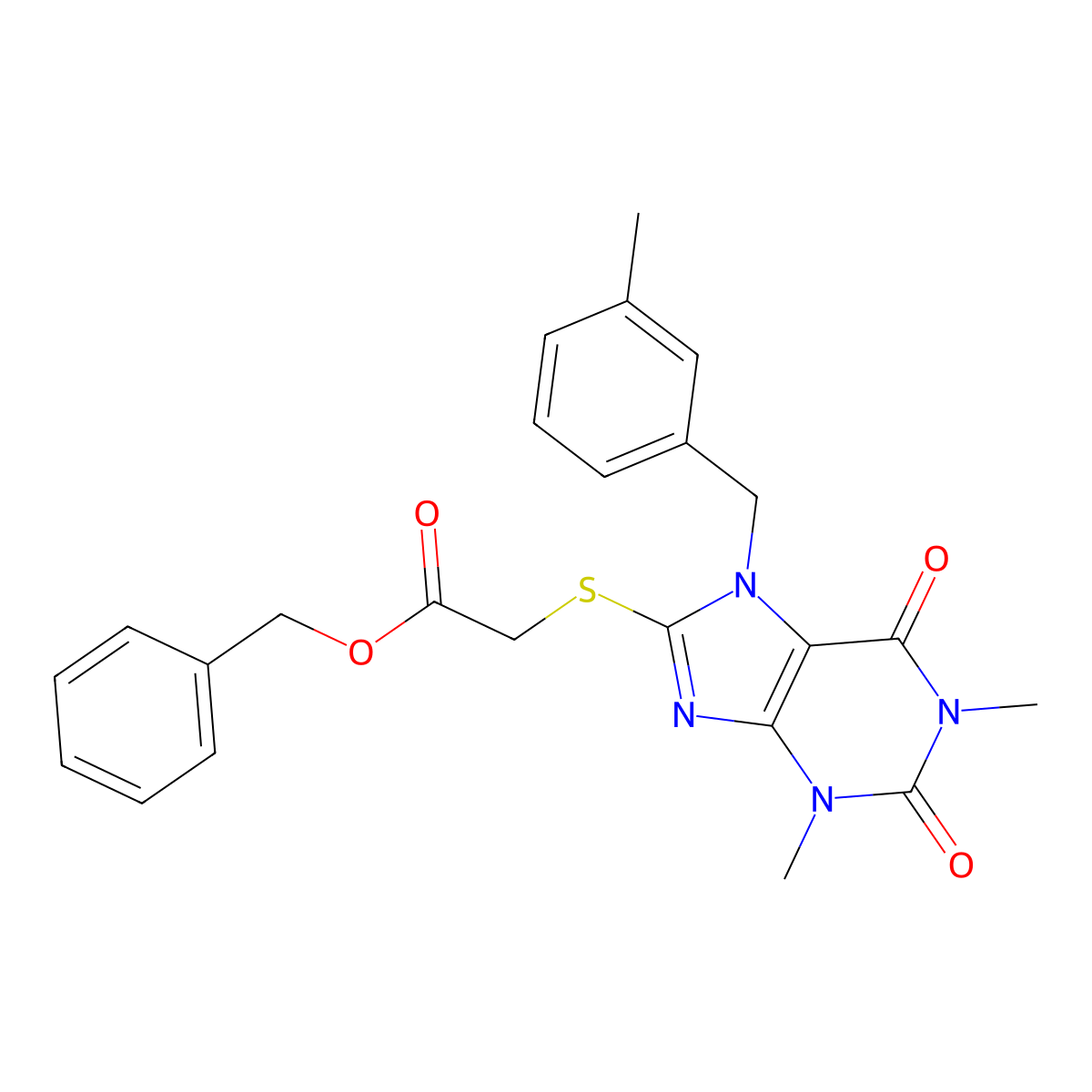 Benzyl 2-[1,3-dimethyl-7-[(3-methylphenyl)methyl]-2,6-dioxopurin-8-yl]sulfanylacetate molecular structure, CAS 385395-16-4