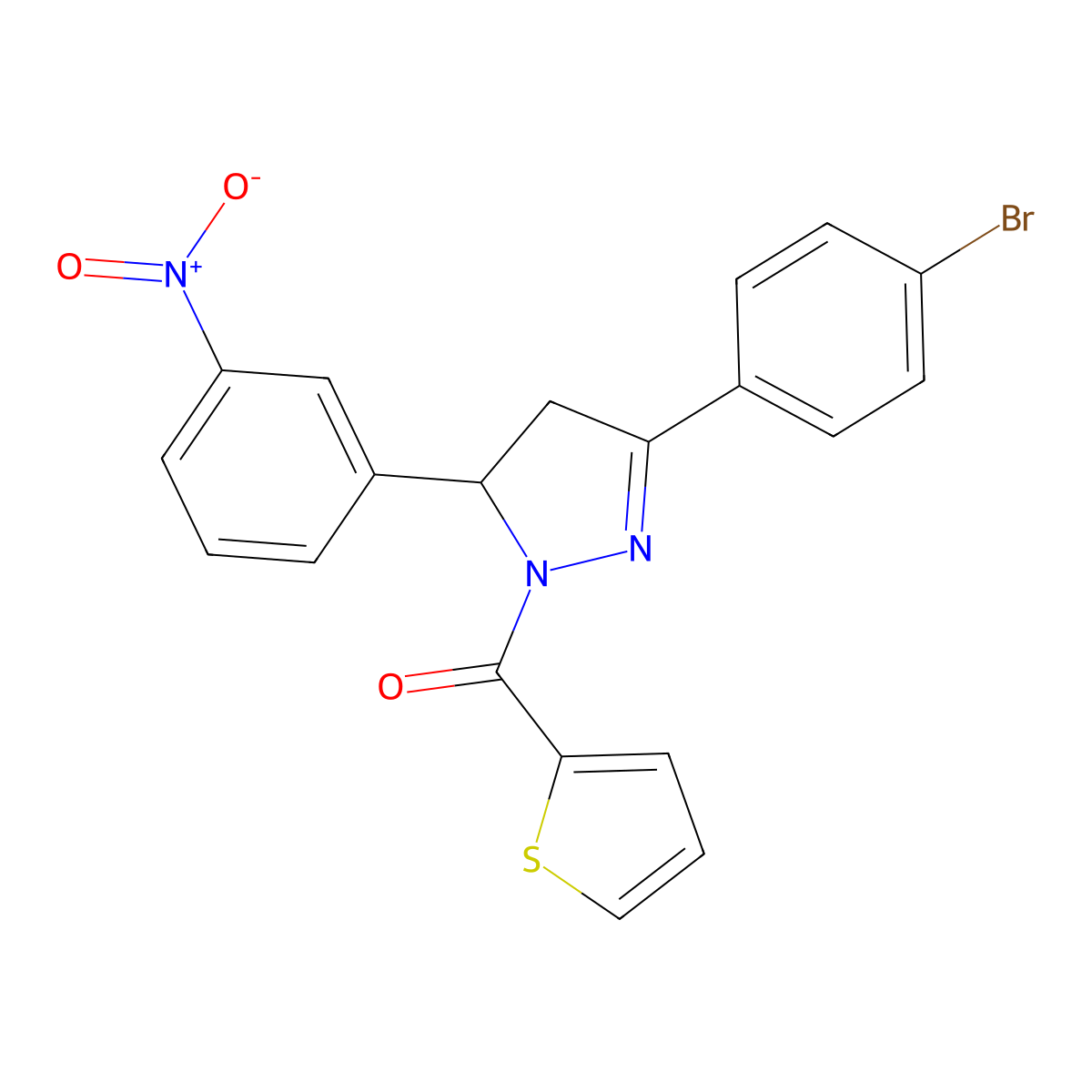 (3-(4-bromophenyl)-5-(3-nitrophenyl)-4,5-dihydro-1H-pyrazol-1-yl)(thiophen-2-yl)methanone molecular structure, CAS 385395-21-1