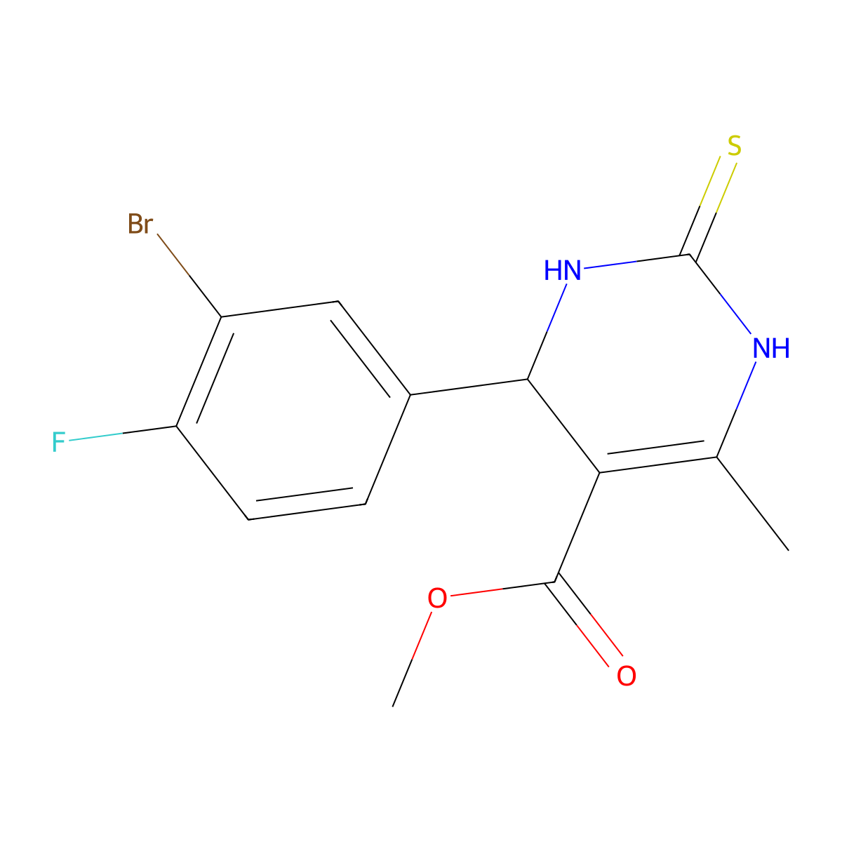 Methyl 4-(3-bromo-4-fluorophenyl)-6-methyl-2-thioxo-1,2,3,4-tetrahydropyrimidine-5-carboxylate molecular structure, CAS 385400-53-3