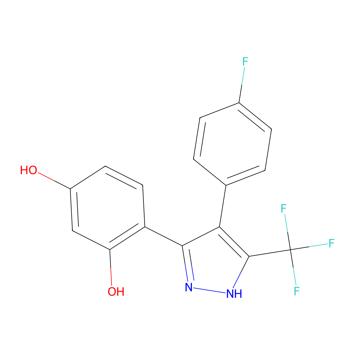 4-(4-(4-Fluorophenyl)-5-(trifluoromethyl)-1H-pyrazol-3-yl)benzene-1,3-diol molecular structure, CAS 385401-09-2