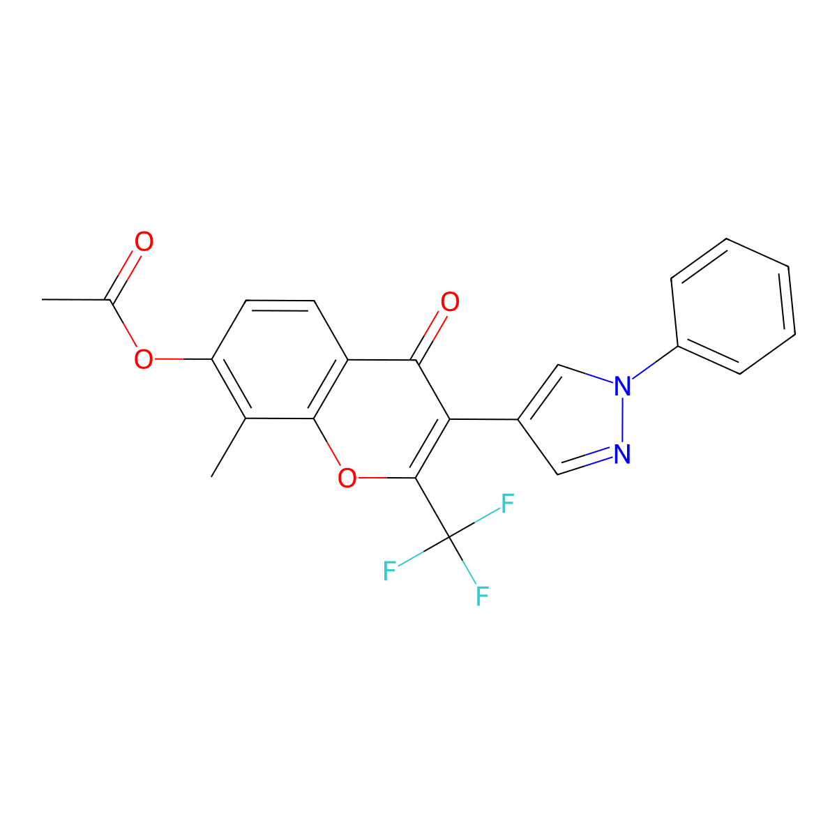 8-methyl-4-oxo-3-(1-phenyl-1H-pyrazol-4-yl)-2-(trifluoromethyl)-4H-chromen-7-yl acetate molecular structure, CAS 385401-13-8