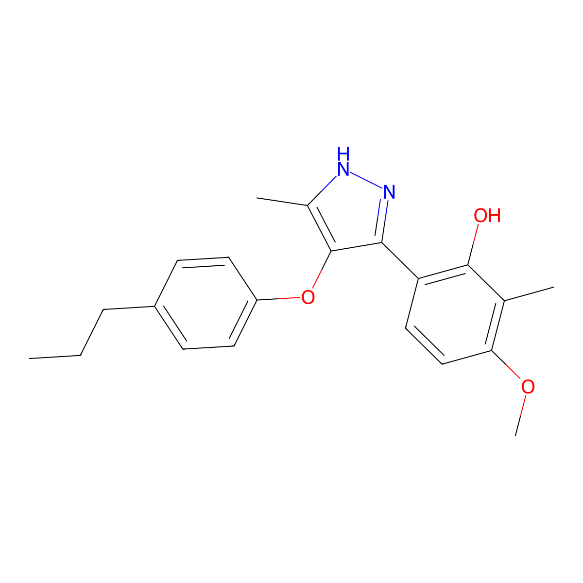 3-methoxy-2-methyl-6-[5-methyl-4-(4-propylphenoxy)-1H-pyrazol-3-yl]phenol molecular structure, CAS 385401-23-0
