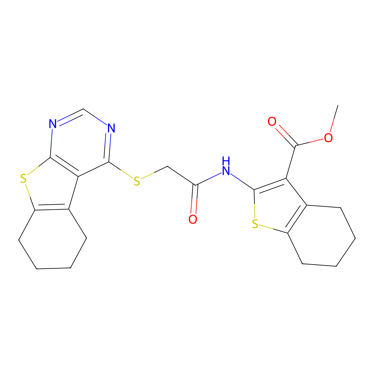 Methyl 2-[[2-(5,6,7,8-tetrahydro-[1]benzothiolo[2,3-d]pyrimidin-4-ylsulfanyl)acetyl]amino]-4,5,6,7-tetrahydro-1-benzothiophene-3-carboxylate molecular structure, CAS 385401-58-1