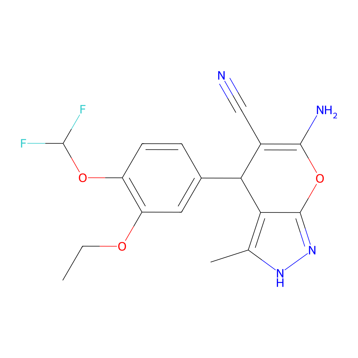 6-Amino-4-(4-(difluoromethoxy)-3-ethoxyphenyl)-3-methyl-1,4-dihydropyrano[2,3-c]pyrazole-5-carbonitrile molecular structure, CAS 385401-65-0