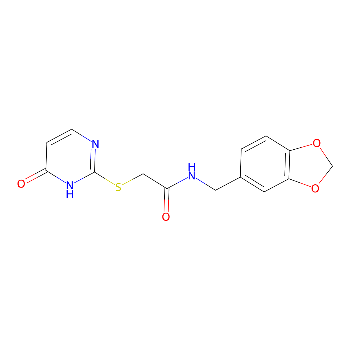N-(1,3-benzodioxol-5-ylmethyl)-2-[(6-oxo-1H-pyrimidin-2-yl)sulfanyl]acetamide molecular structure, CAS 385401-66-1