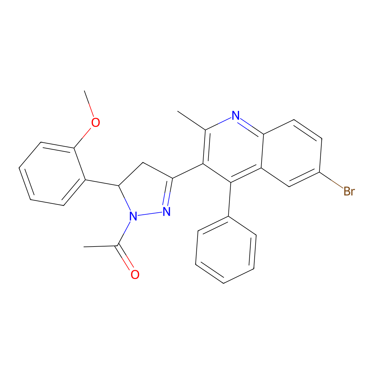 1-[5-(6-Bromo-2-methyl-4-phenylquinolin-3-yl)-3-(2-methoxyphenyl)-3,4-dihydropyrazol-2-yl]ethanone molecular structure, CAS 385405-69-6