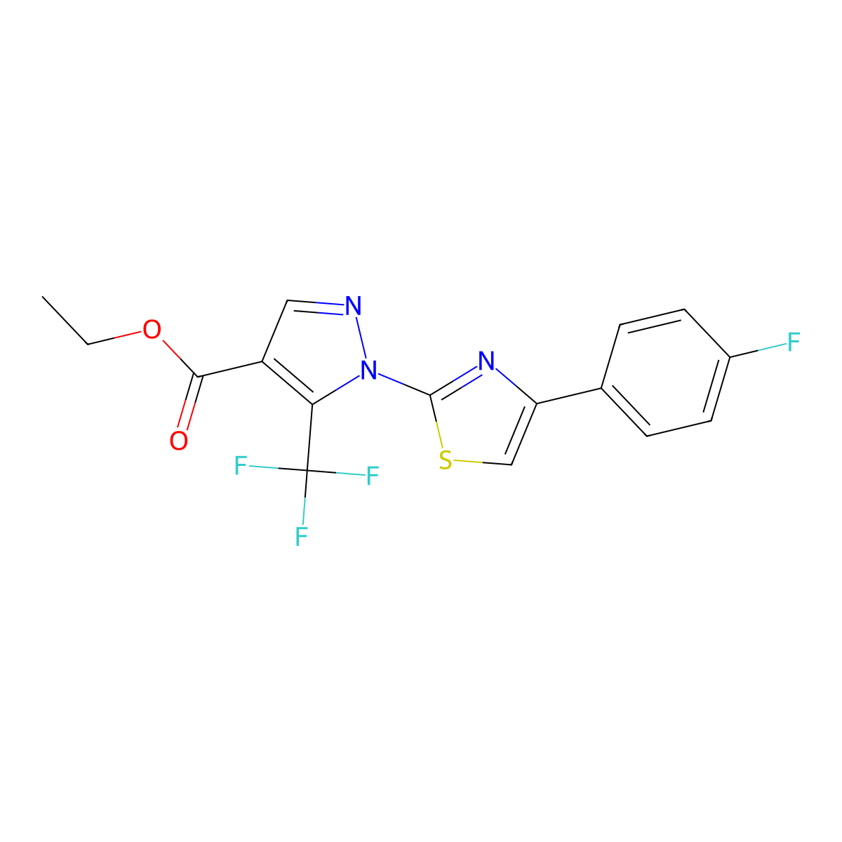 ethyl 1-[4-(4-fluorophenyl)-1,3-thiazol-2-yl]-5-(trifluoromethyl)-1H-pyrazole-4-carboxylate molecular structure, CAS 385416-12-6