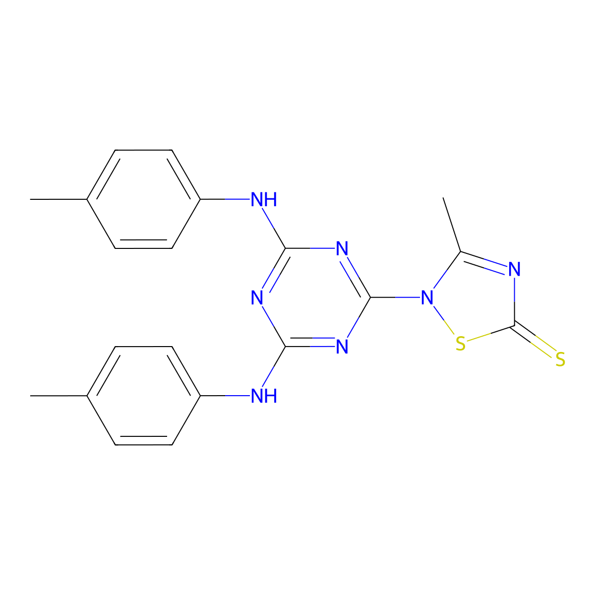 2-{4,6-bis[(4-methylphenyl)amino]-1,3,5-triazin-2-yl}-3-methyl-1,2,4-thiadiazole-5(2H)-thione molecular structure, CAS 385417-02-7