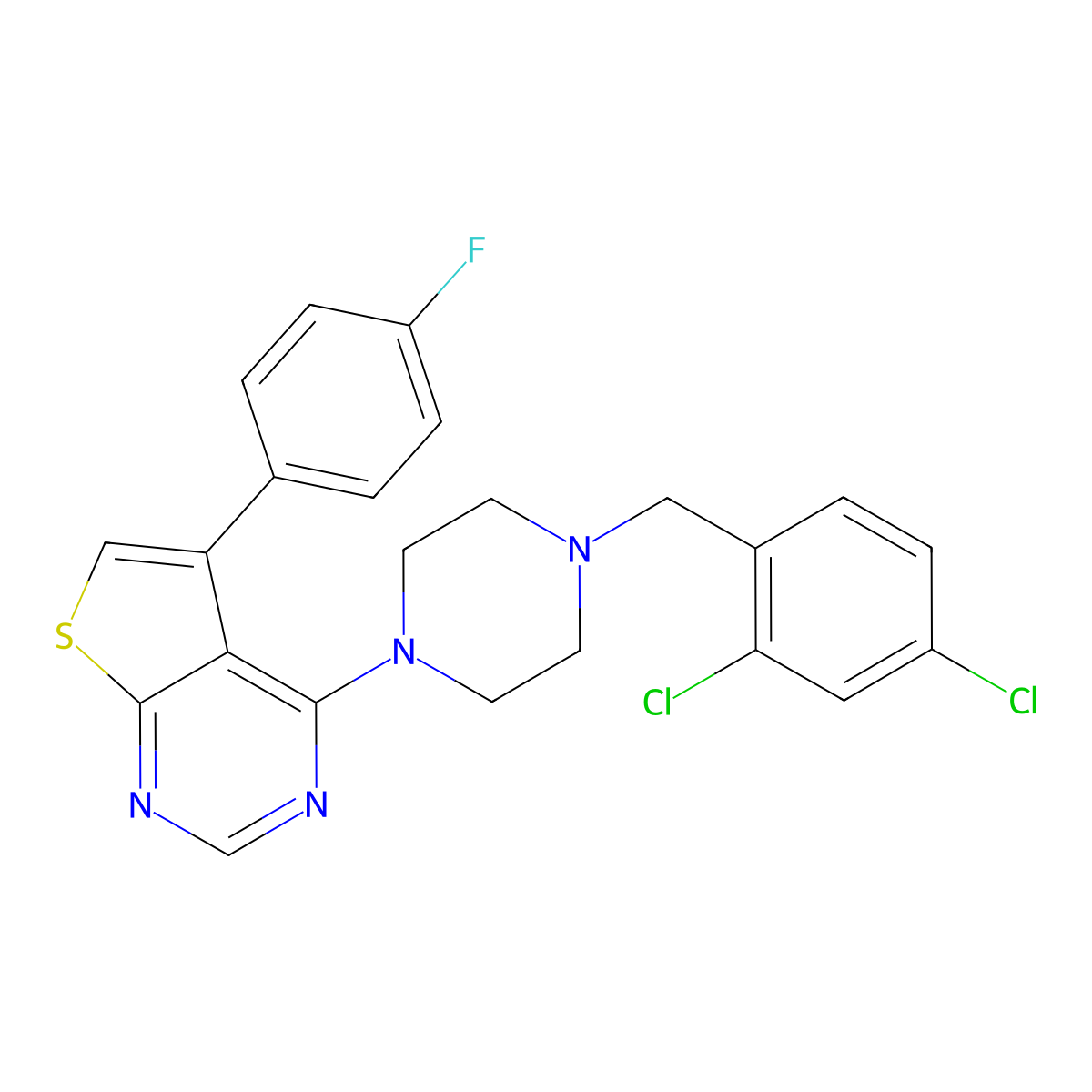 4-[4-(2,4-Dichlorobenzyl)-1-piperazinyl]-5-(4-fluorophenyl)thieno[2,3-d]pyrimidine molecular structure, CAS 385417-03-8