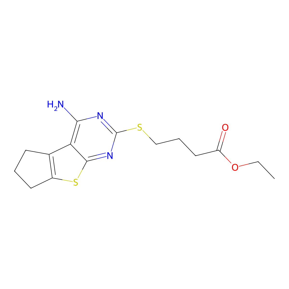 Ethyl 4-(4-amino-5,6,7-trihydrocyclopenta[1,2-d]pyrimidino[4,5-b]thiophen-2-yl thio)butanoate molecular structure, CAS 385417-25-4