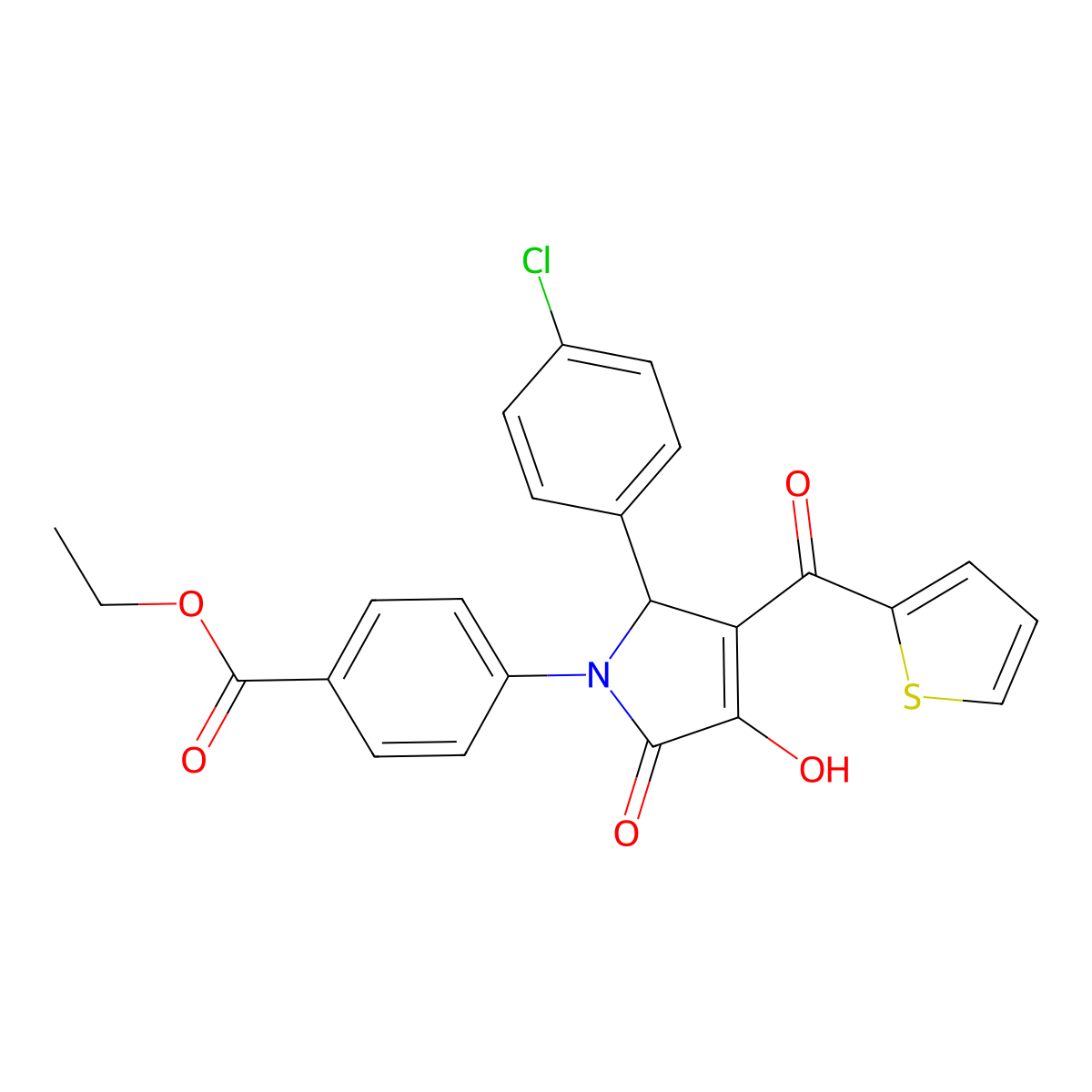 Ethyl 4-[5-(4-chlorophenyl)-3-hydroxy-2-oxo-4-(2-thienylcarbonyl)-3-pyrrolinyl]benzoate molecular structure, CAS 385417-51-6