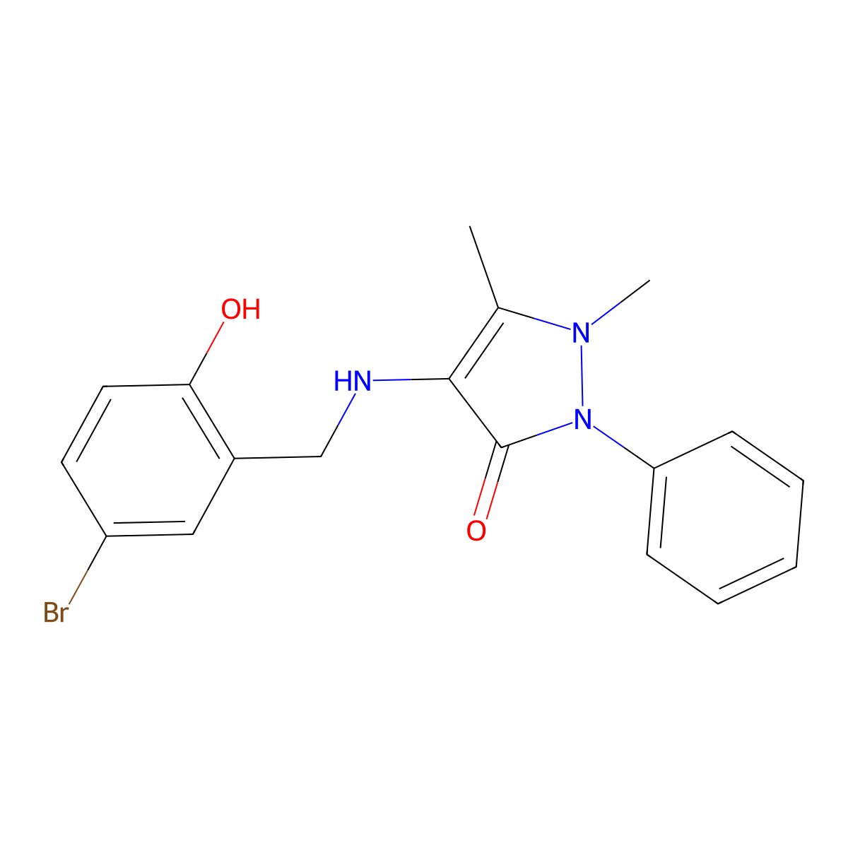 4-Bromo-2-[[(1,5-dimethyl-3-oxo-2-phenylpyrazol-4-yl)azaniumyl]methyl]phenolate molecular structure, CAS 385418-41-7
