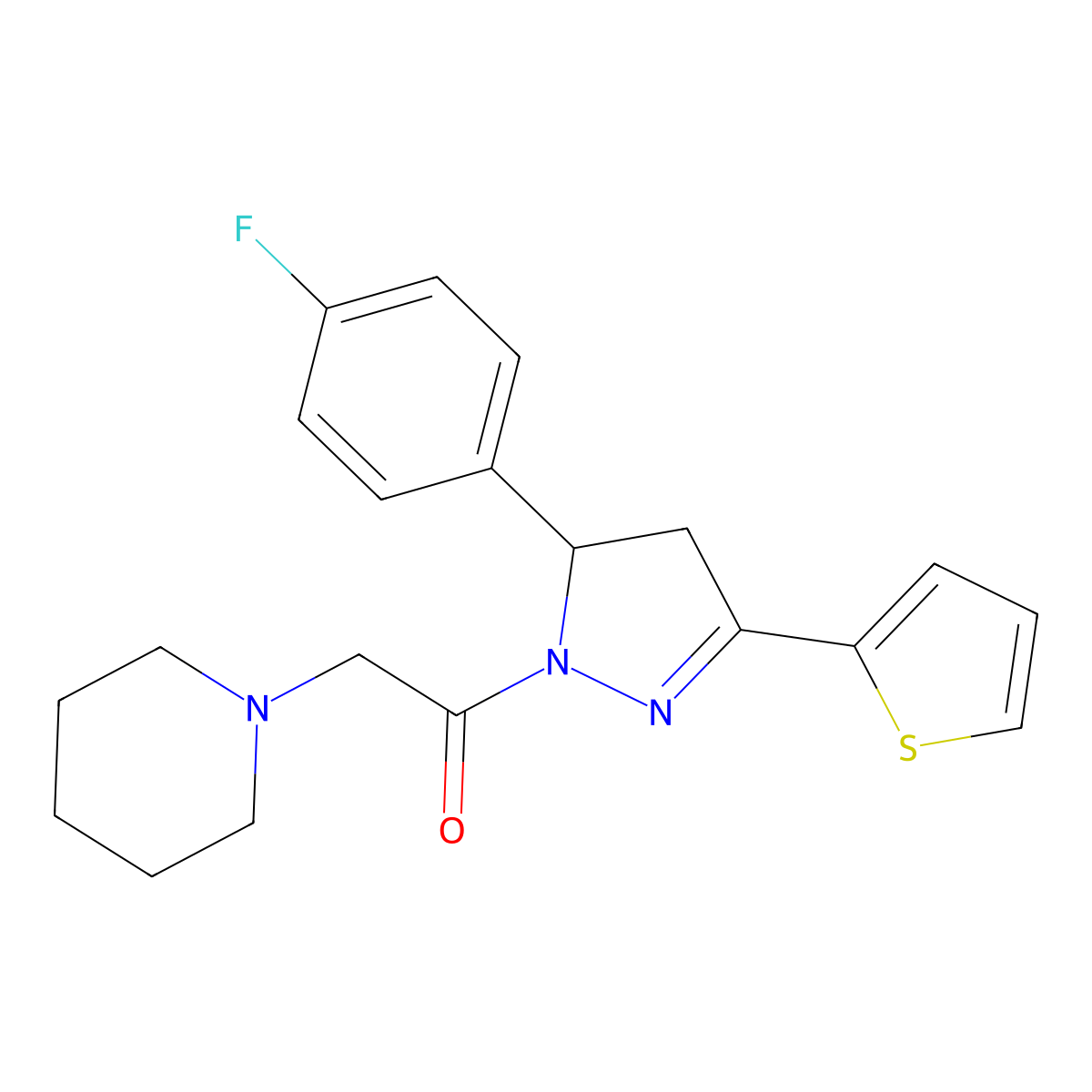 1-(5-(4-fluorophenyl)-3-(thiophen-2-yl)-4,5-dihydro-1H-pyrazol-1-yl)-2-(piperidin-1-yl)ethanone molecular structure, CAS 385418-56-4