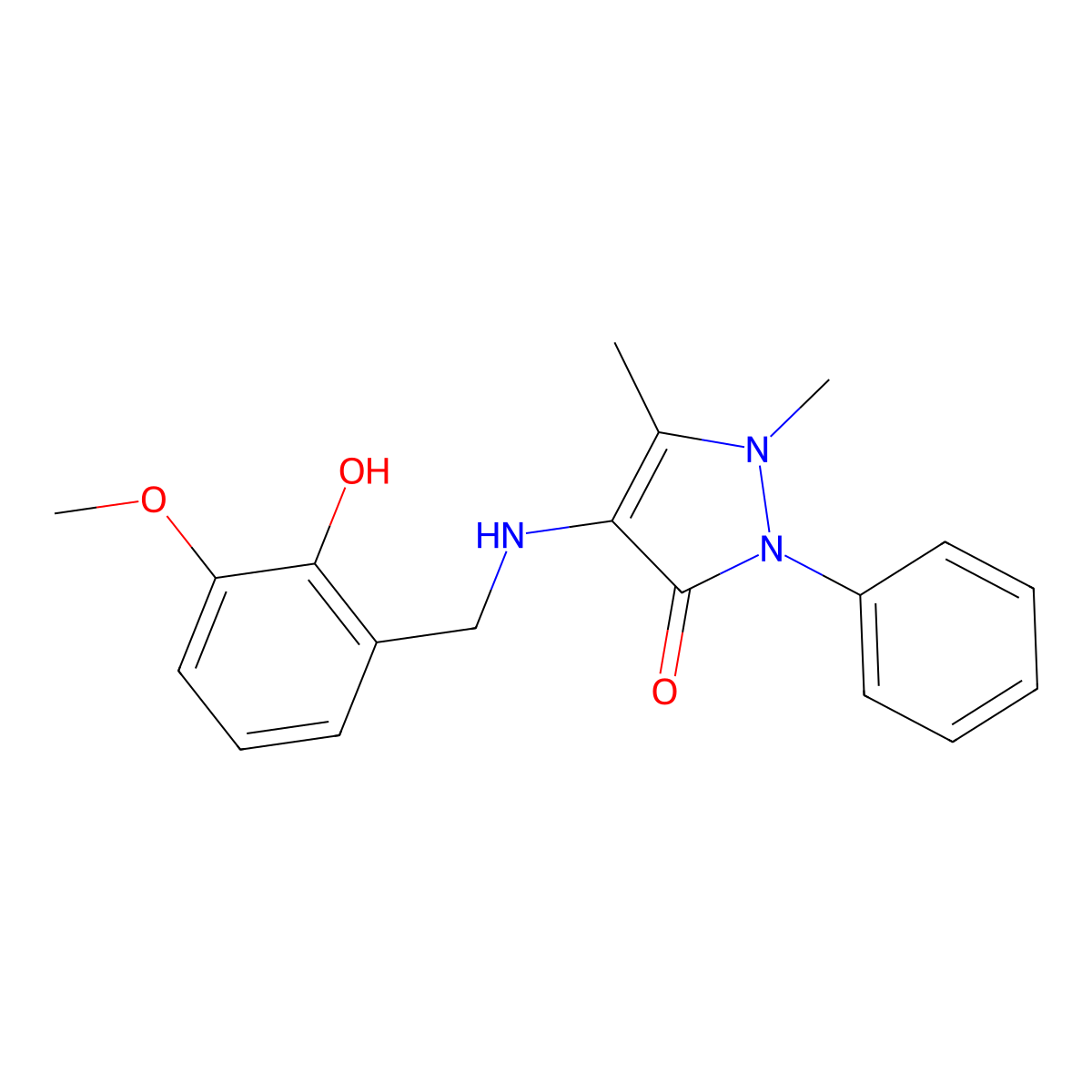 1,2-Dihydro-4-[[(2-hydroxy-3-methoxyphenyl)methyl]amino]-1,5-dimethyl-2-phenyl-3H-pyrazol-3-one molecular structure, CAS 385418-76-8