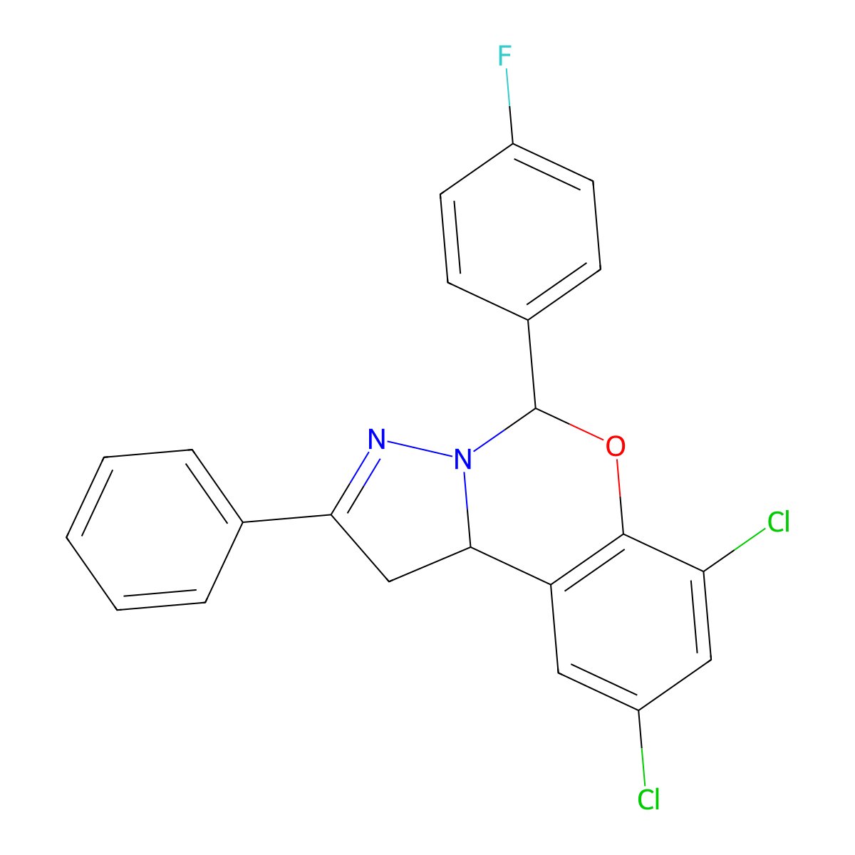 7,9-Dichloro-5-(4-fluorophenyl)-2-phenyl-1,10b-dihydropyrazolo[1,5-c][1,3]benzoxazine molecular structure, CAS 385418-84-8